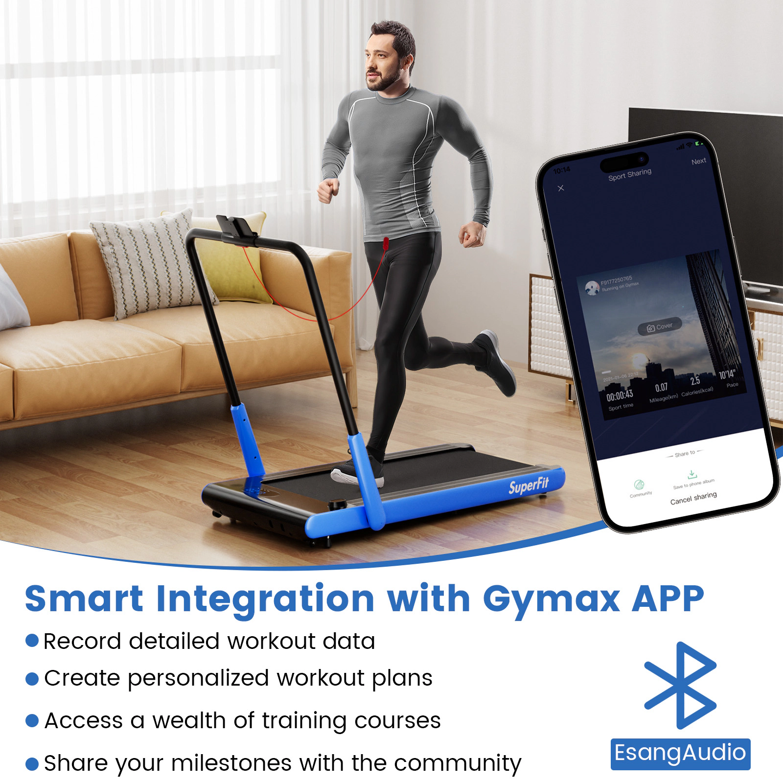 SUGIFT 3-in-1 3HP Folding Treadmill with Smart Apps Remote Control and Speakers 340-lb Capacity Navy