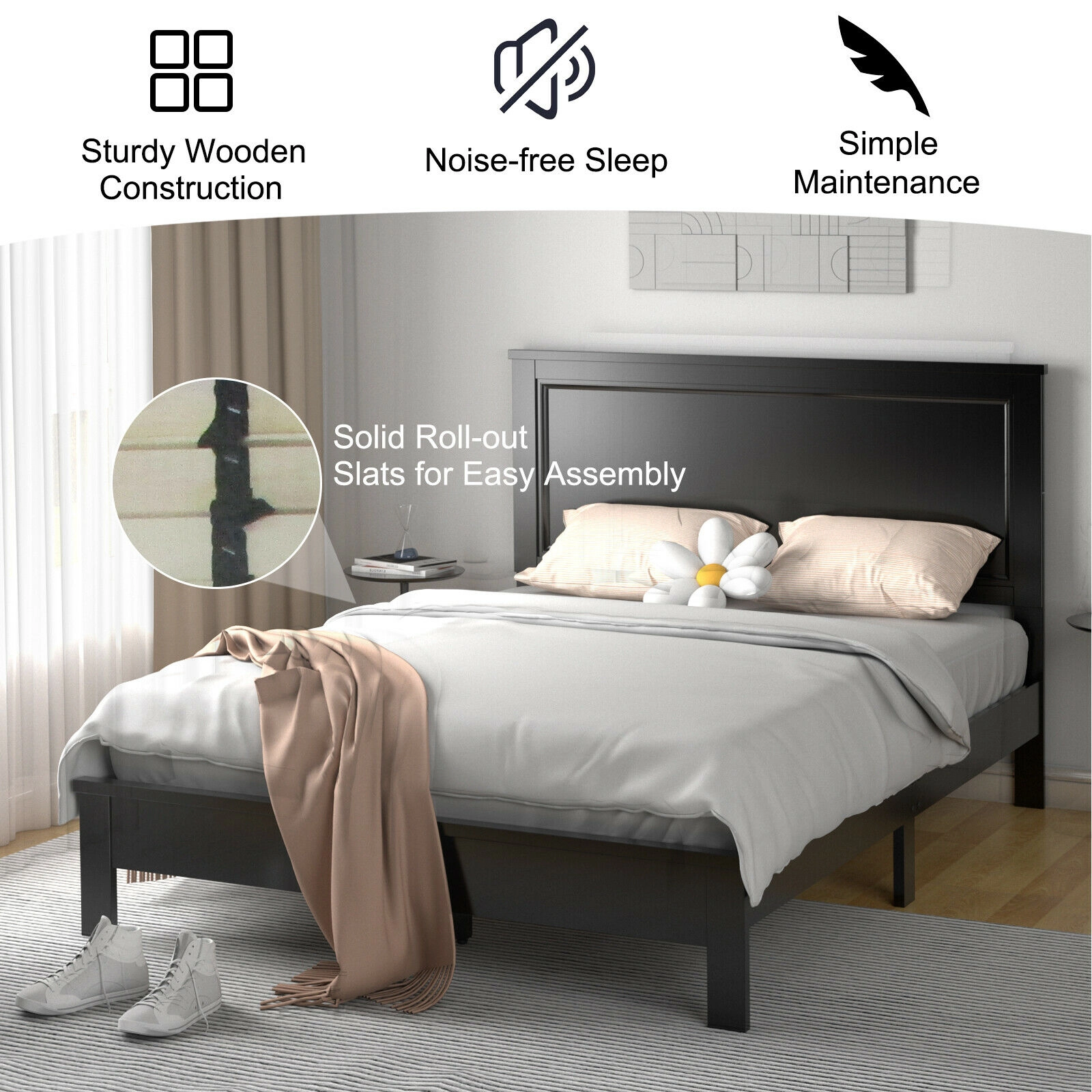 SUGIFT High Slat Panel Headboard and Rubber Wood Legs Queen Size Platform Bed Frame