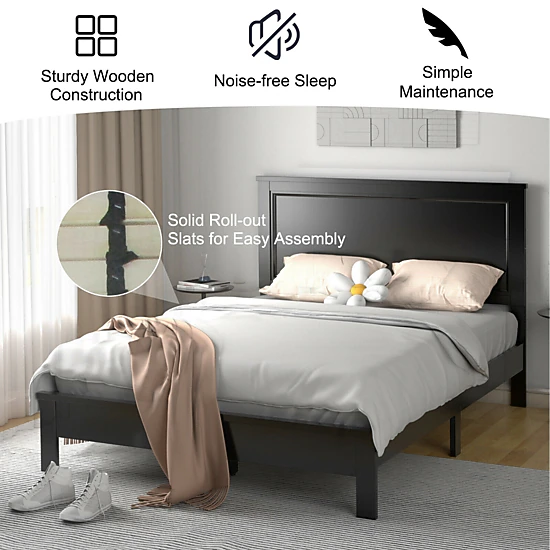 SUGIFT Queen Size 800-lb Bed Capacity Wood Platform Bed Frame with High Headboard and Roll-Out Slats Black