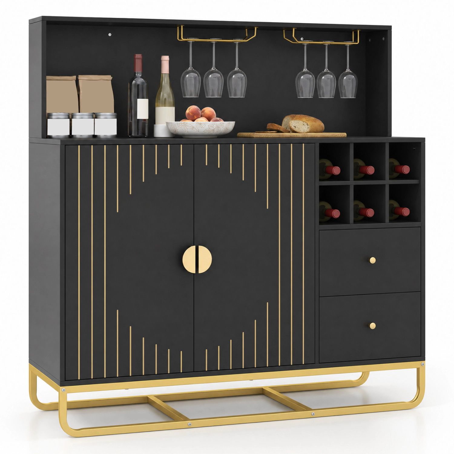 LJG Home Bar Cabinet with Wine Rack Glass Holder and Adjustable Shelf