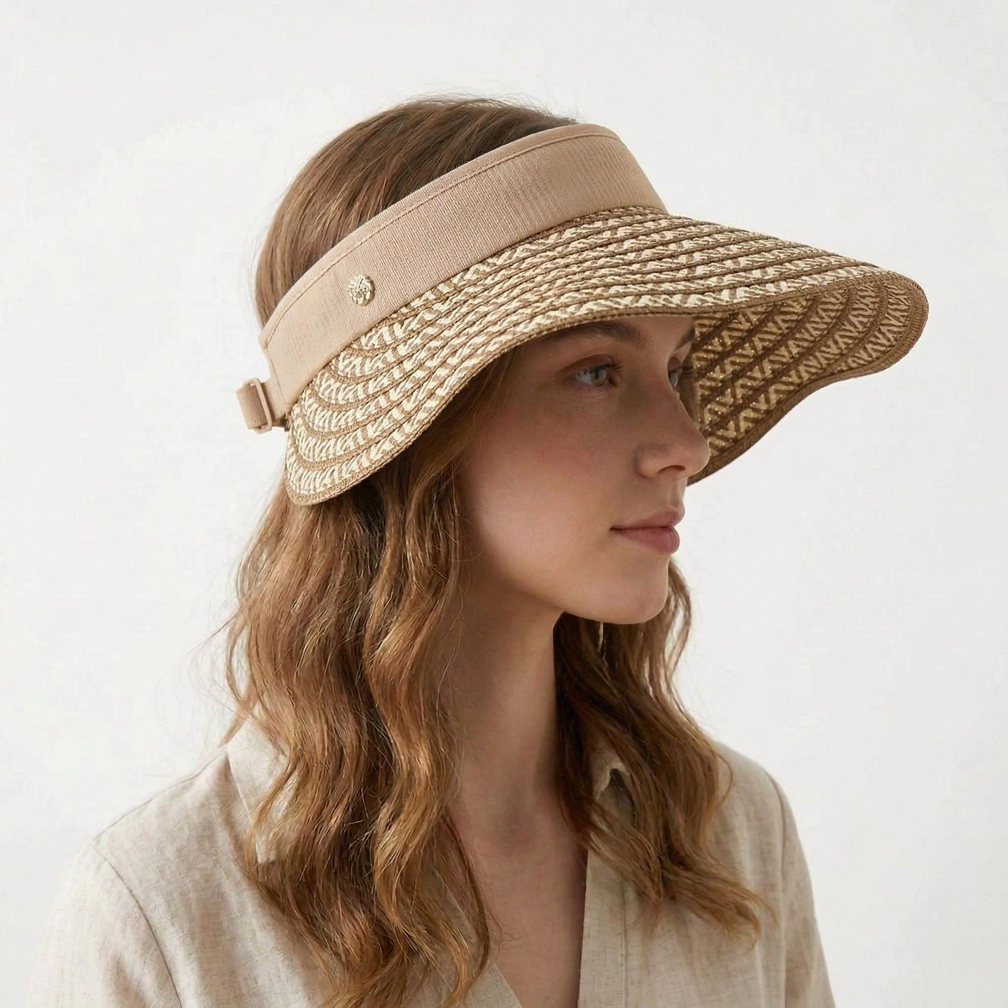 Anna-Kaci Women's Women Straw Sun Visor Hat Wide Brim Woven Pattern Contrast Band Adjustable Summer