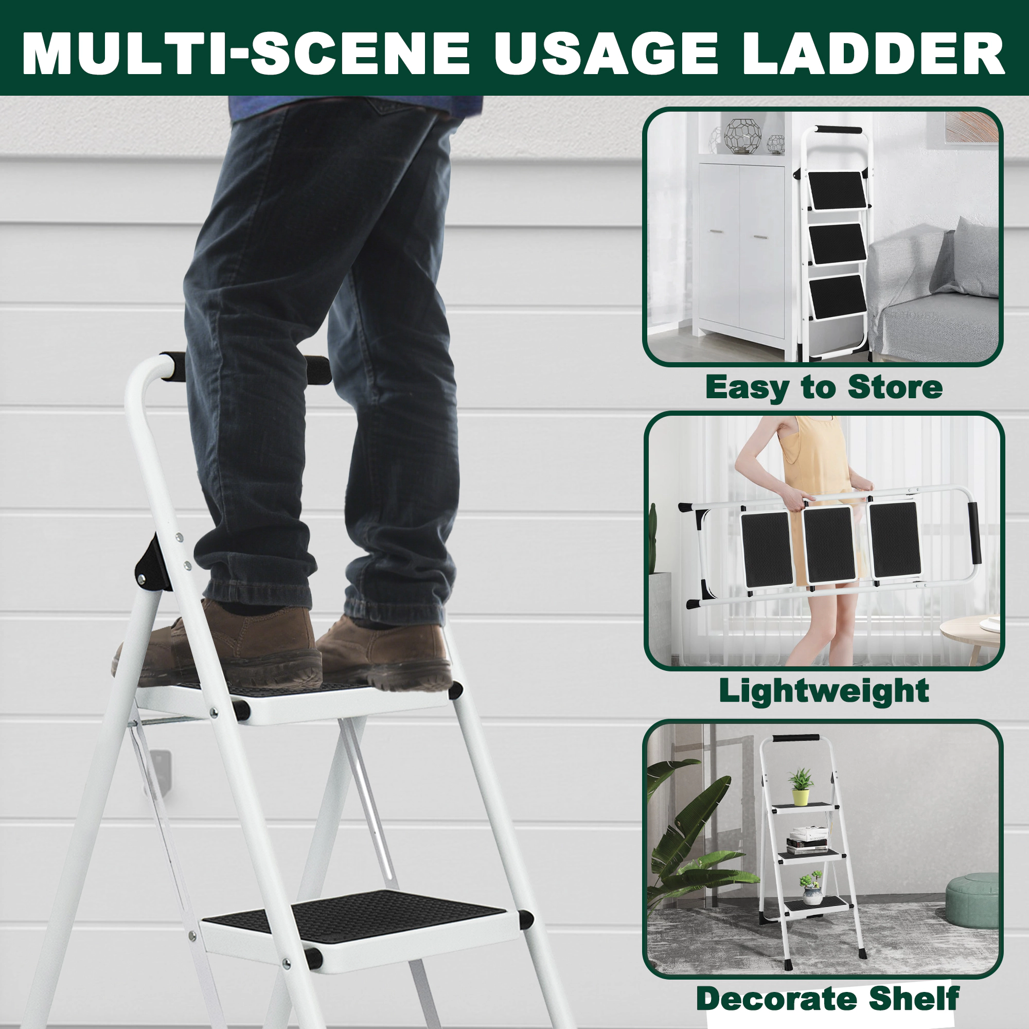 Flynama 3 Step Ladder- 330lb Capacity Steel Foldable Step Stool (White)
