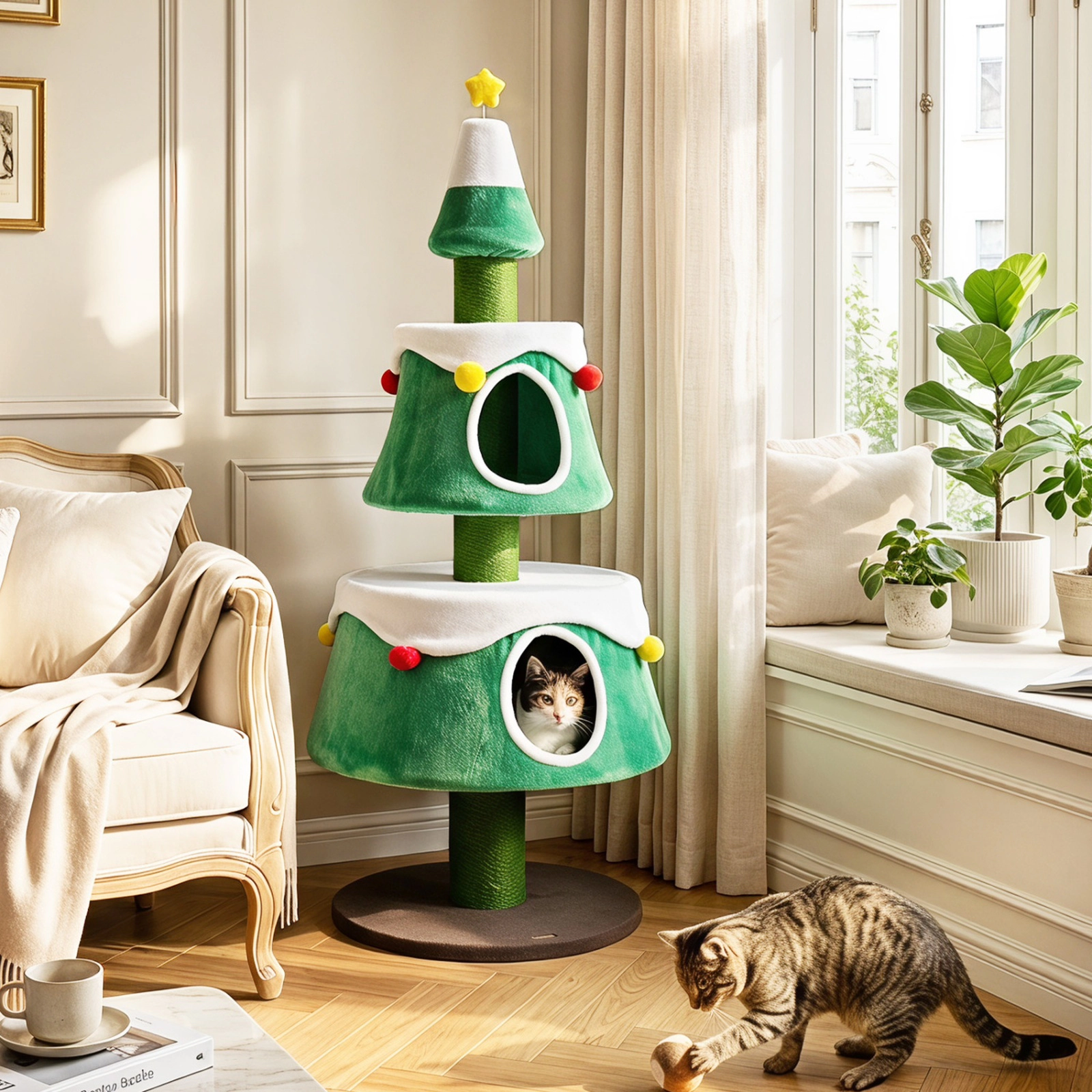 SUGIFT 61.5-in Cat Christmas Tree Tower with 2 Large Condos Star Spring Toy Decorative Spheres & Scratching Posts Green