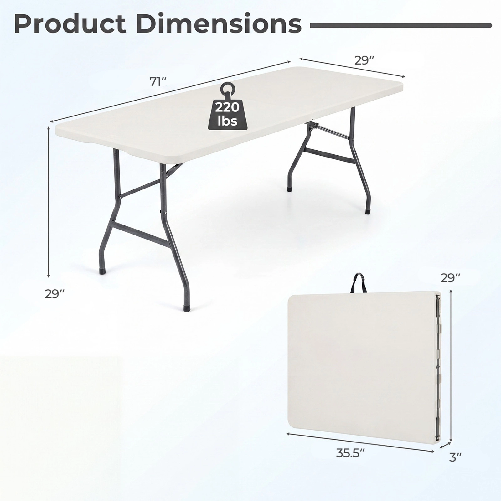 SUGIFT 6-Ft Fold-in-Half Camping Table 220-Lb Capacity with Metal Legs and Carry Handle White