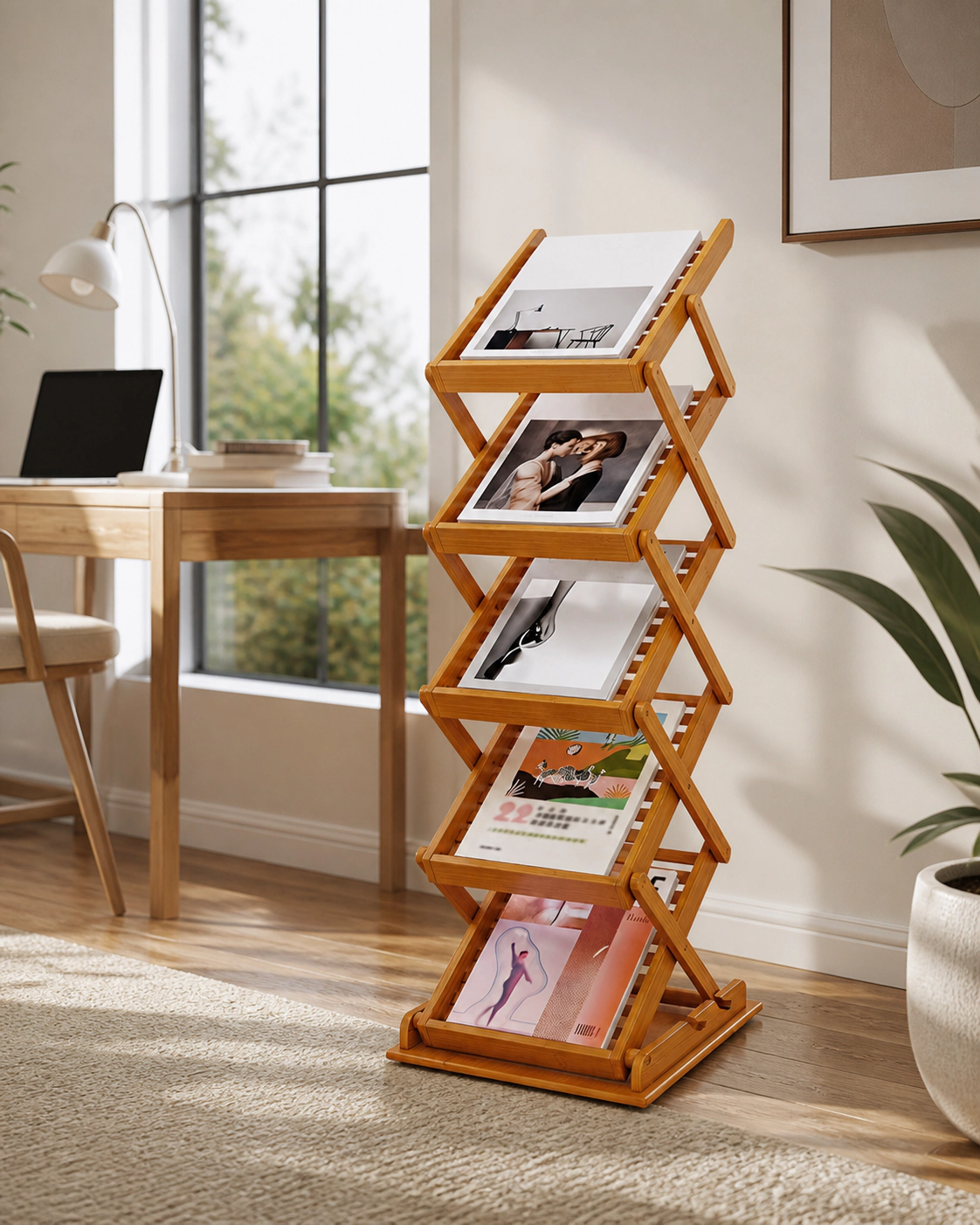 SUGIFT 5-Tier Walnut Foldable Bamboo Magazine Rack Floor Stand with 2 Adjustable Heights and Display Holder