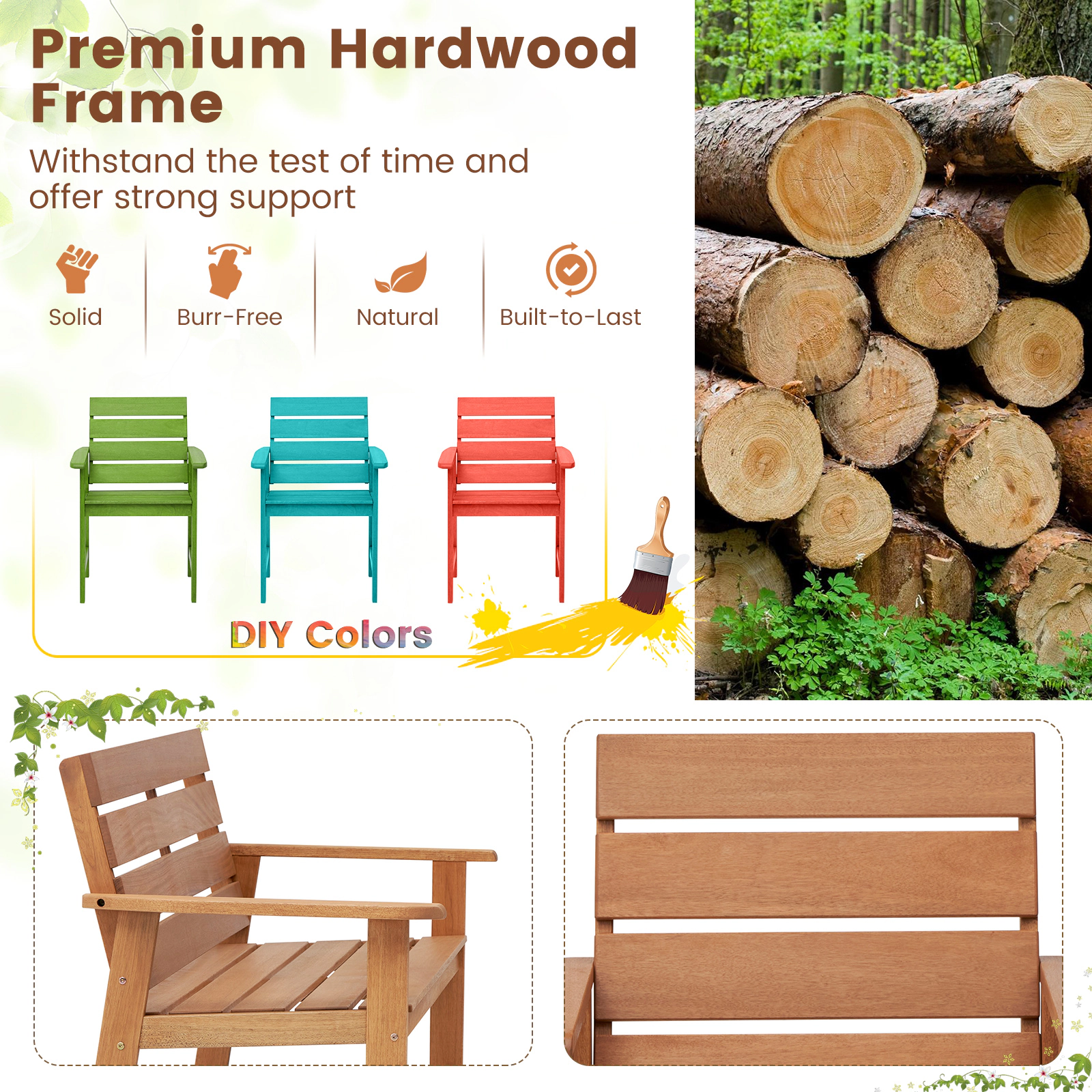 SUGIFT 2 Piece Patio Hardwood Chair Set with Slatted Seat and 102° Inclined Backrest 220-lb Capacity Natural