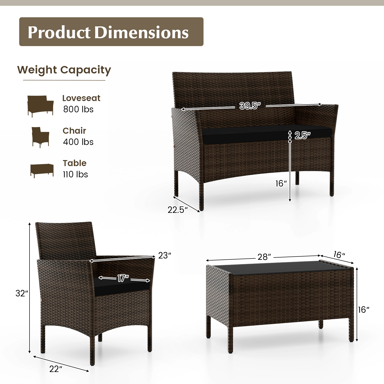 SUGIFT Cushioned Loveseat and Table 4-Piece Patio Rattan Conversation Set