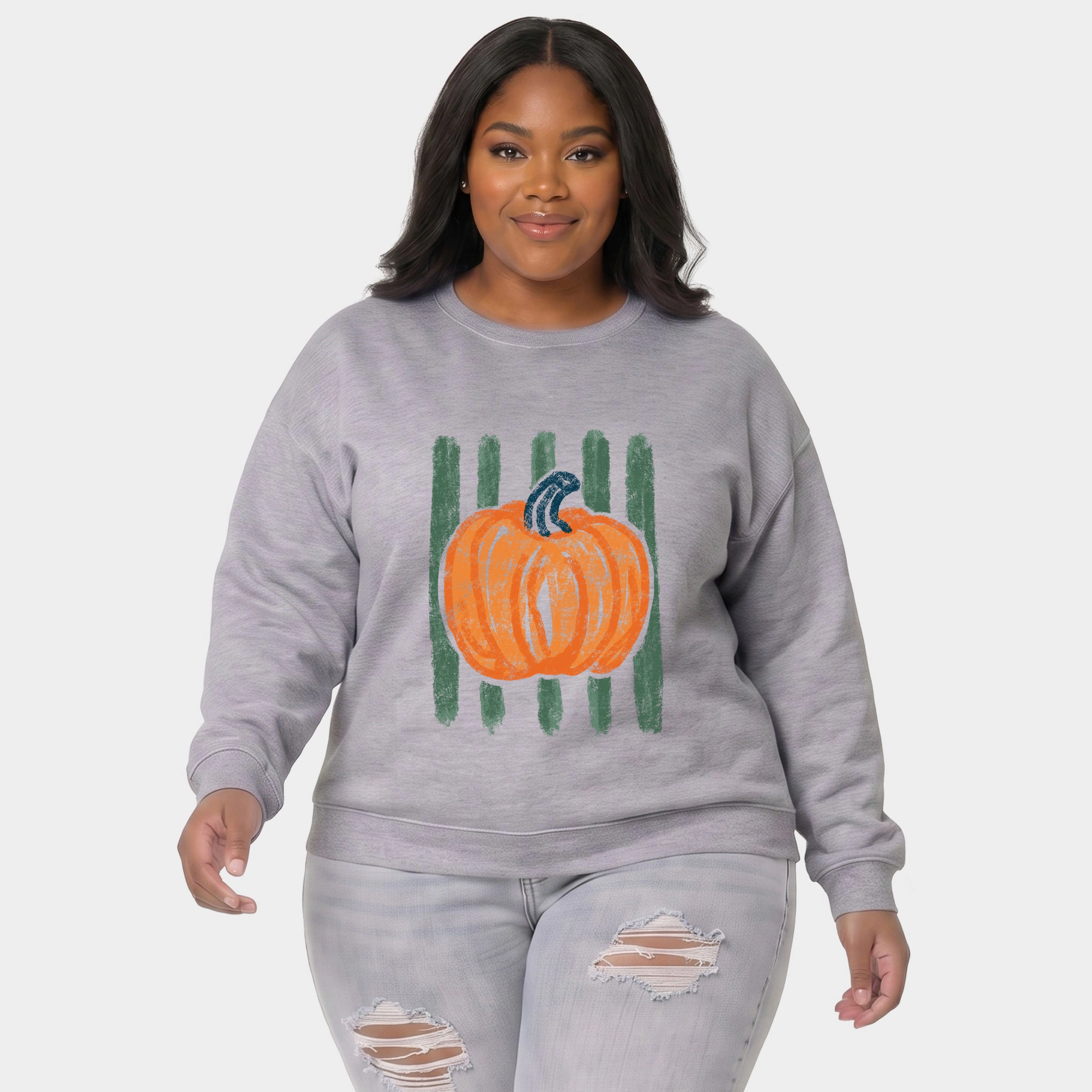 Simply Sage Market - Women's Plus Sized Graphic Sweatshirt Distressed Pumpkin Stripes