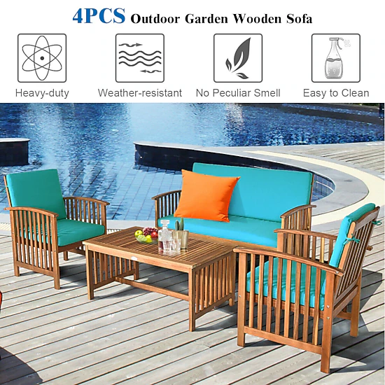 SUGIFT 4-Piece Blue Patio Furniture Set with Solid Acacia Wood Loveseat and Coffee Table 360-lb Per Sofa