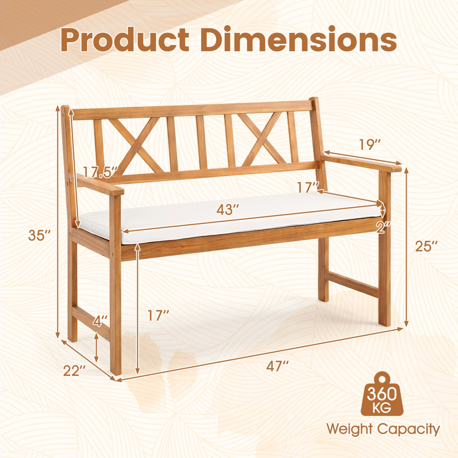 SUGIFT 2-Person Patio Garden Bench with Armrests & Removable Seat Cushion 800-Lb Capacity Natural Bench & White Cushion