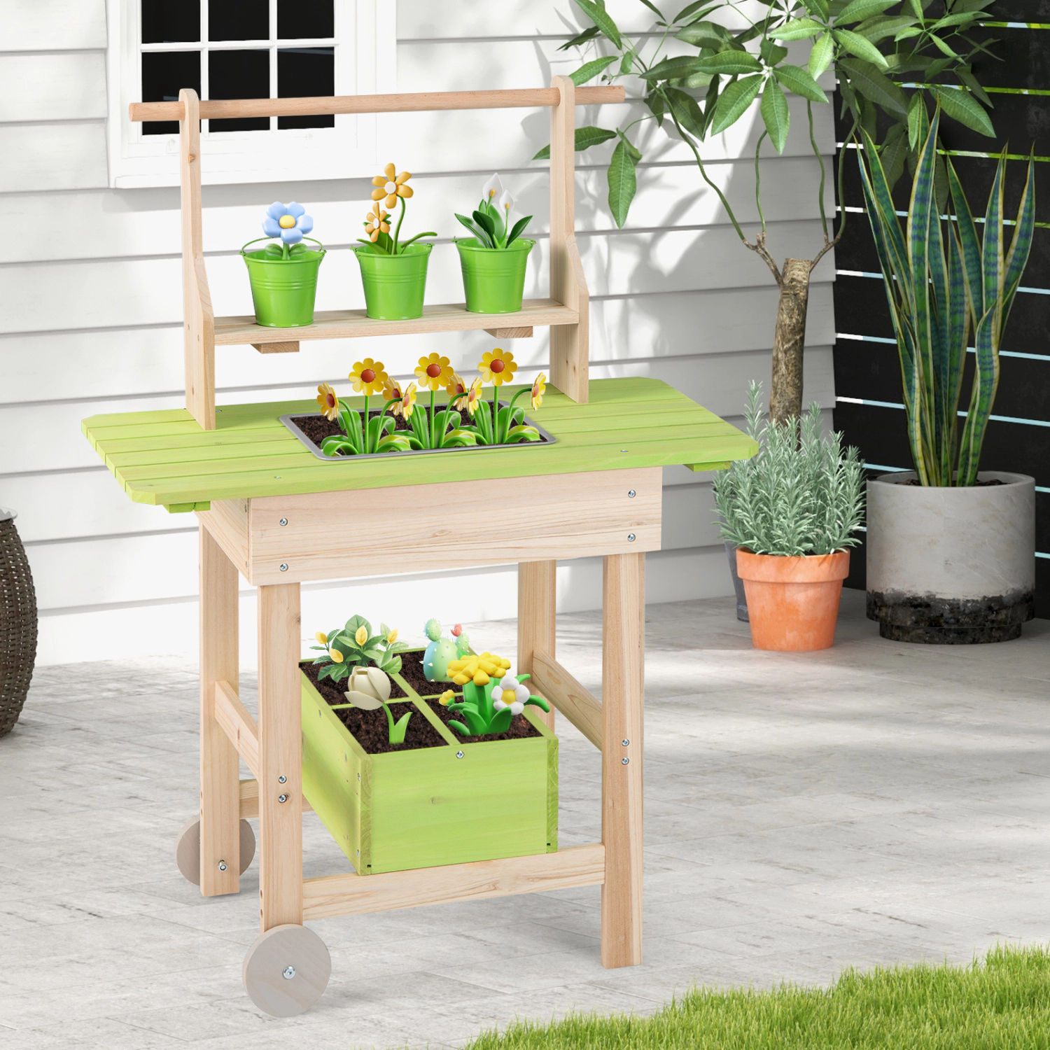 LJG Kids Mud Kitchen with Removable Pots Watering Can Planting Trough and Storage Box