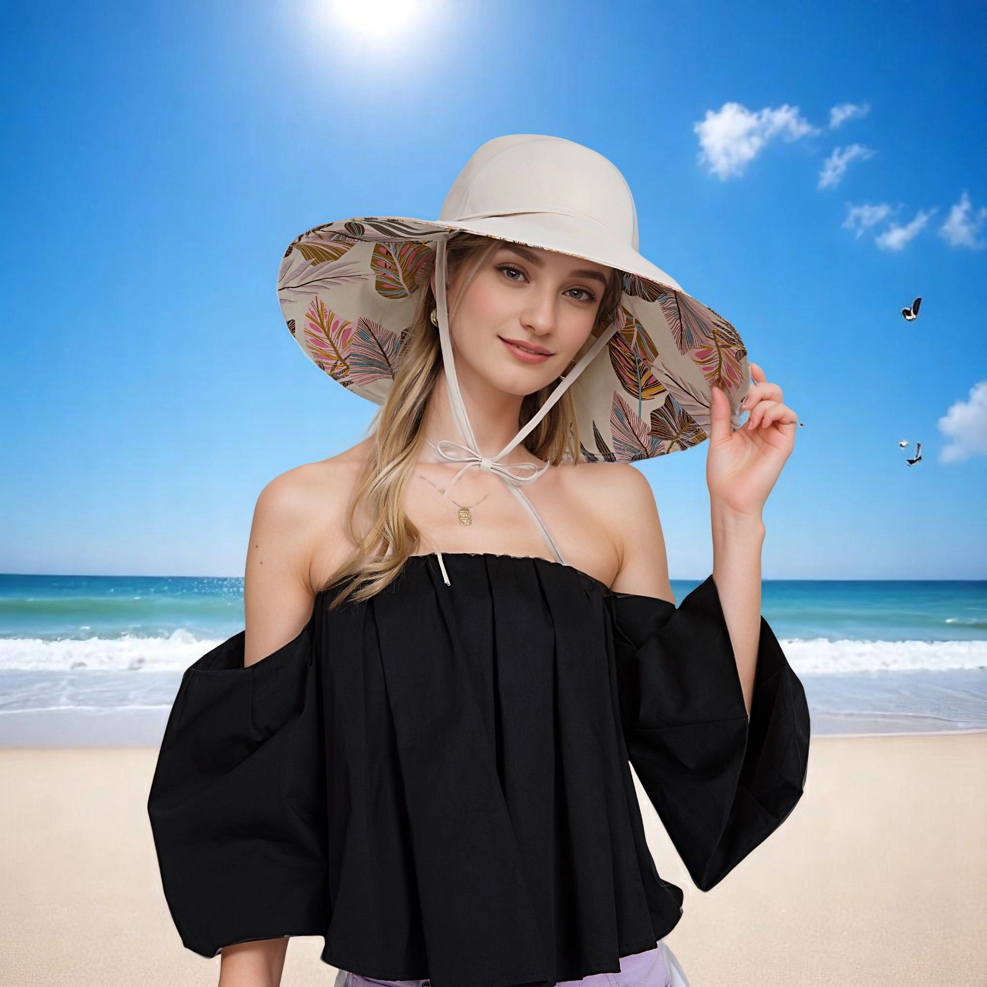Anna-Kaci Women's Wide Brim Sun Hat with Ponytail Hole Neck Tie Closure and Patterned Lining