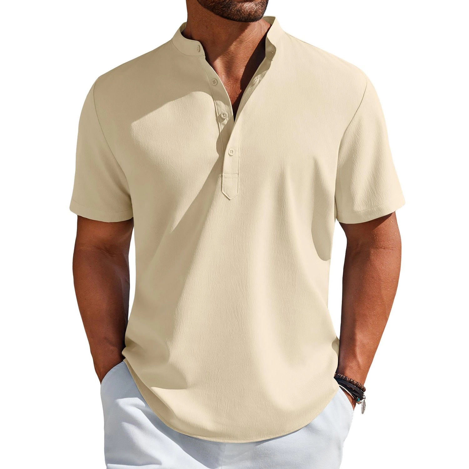 COOFANDY Mens Short Sleeve Henley Shirts  Band Collar V Neck Casual Tops