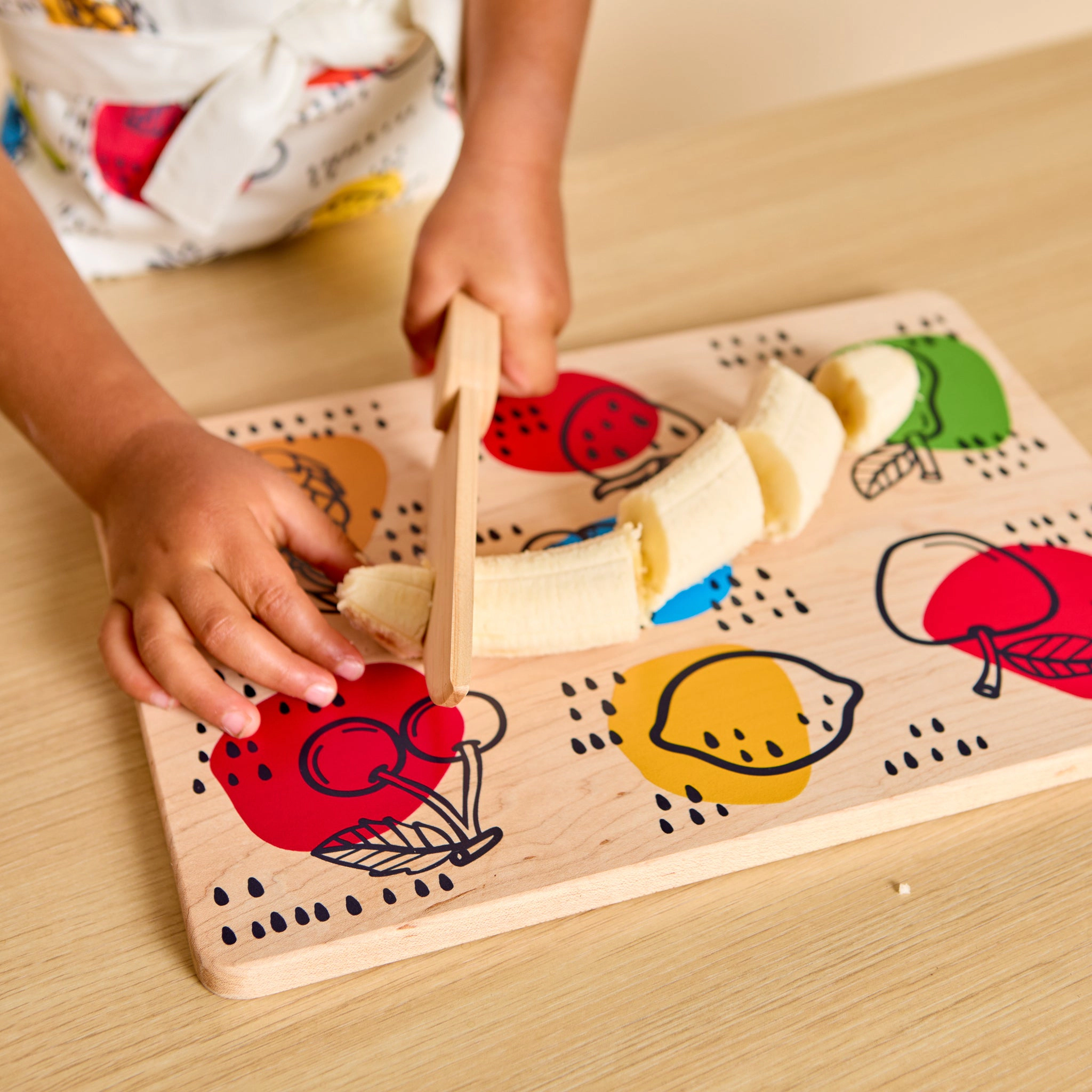 Kid’s Chef-in-Training Fruit Wooden Cutting Board with Handcrafted Knife - Made in USA