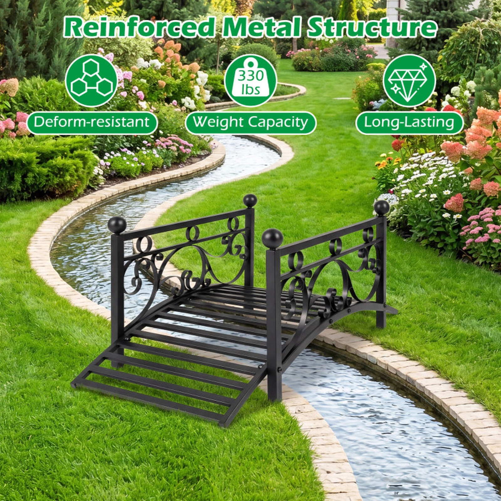 SUGIFT 40-in Arched Garden Metal Bridge Yard Art with Dual Patterned Side Rails 330-lb Capacity Black Metal 1-Piece