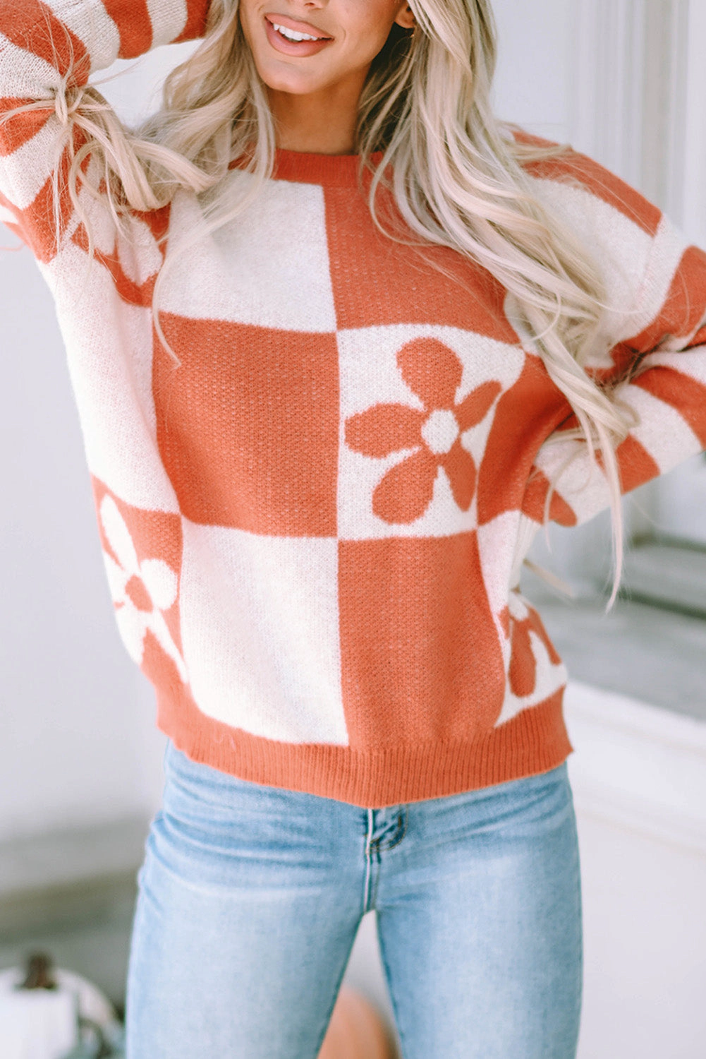 Threaded Pear Women's Miller Checkered Floral Striped Sleeve Sweater
