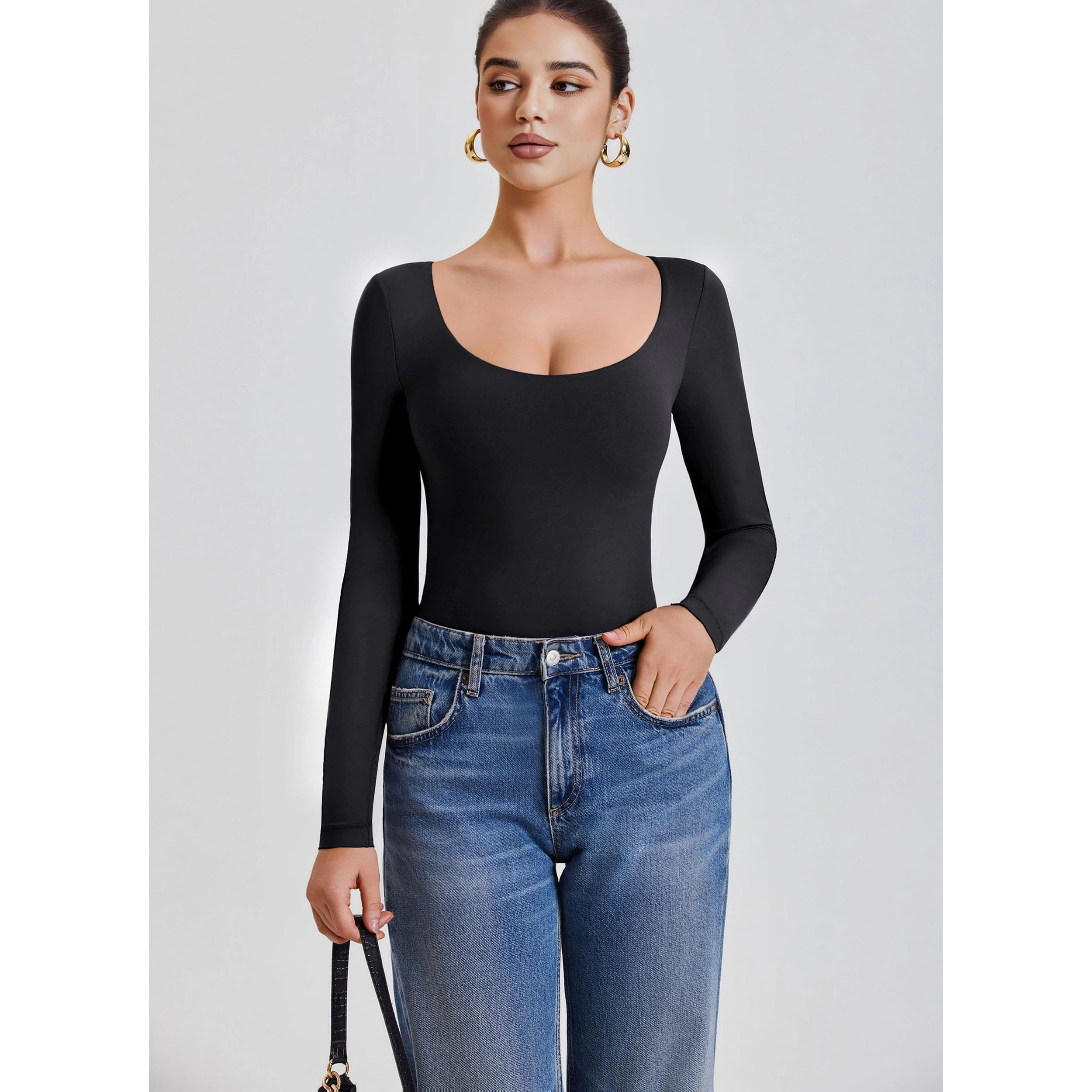 Avidlove Women's Scoop Neck Long Sleeve Double Lined Thong Bodysuit with Dual Snap Closure