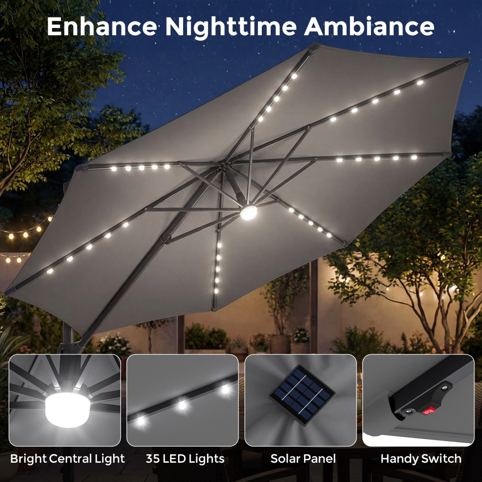 SUGIFT 10-ft Gray Offset Cantilever Patio Umbrella with 35 Solar LED Lights and 220-lb Fillable Base for Deck