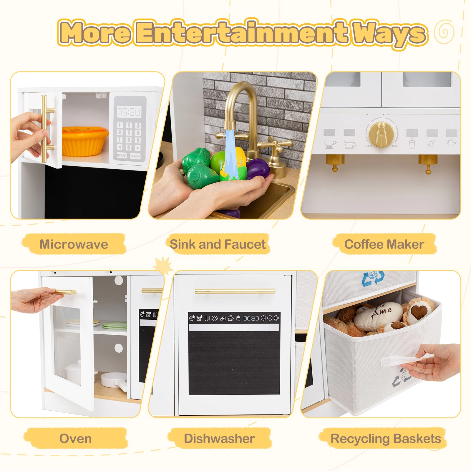 SUGIFT Kids Wooden Kitchen Playset with 2 Stoves Sound Light Ages 3+ Years White and Natural with Fabric Drawers