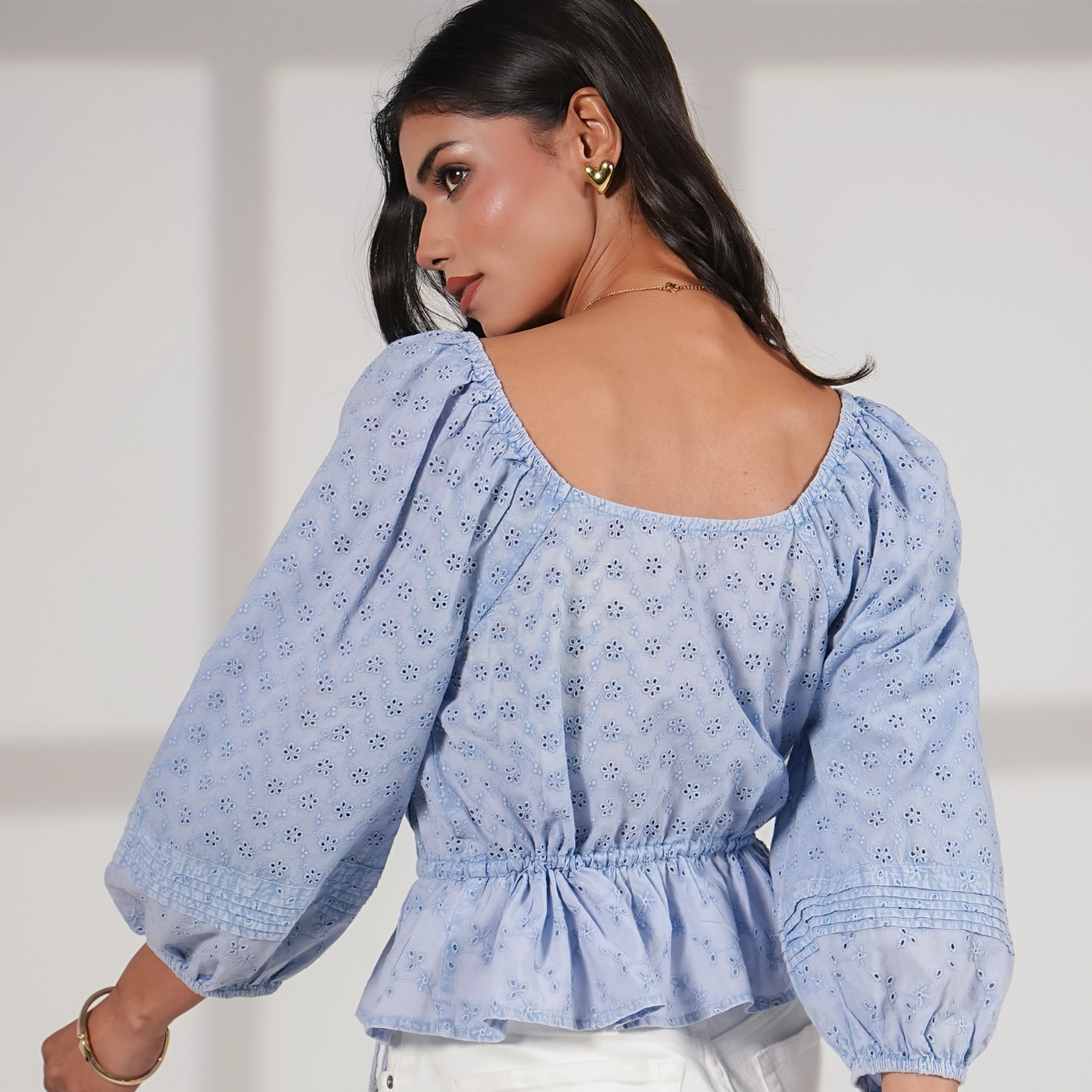Rose & Nancy Women's Dee Blue Washed Embroidery Cotton Top