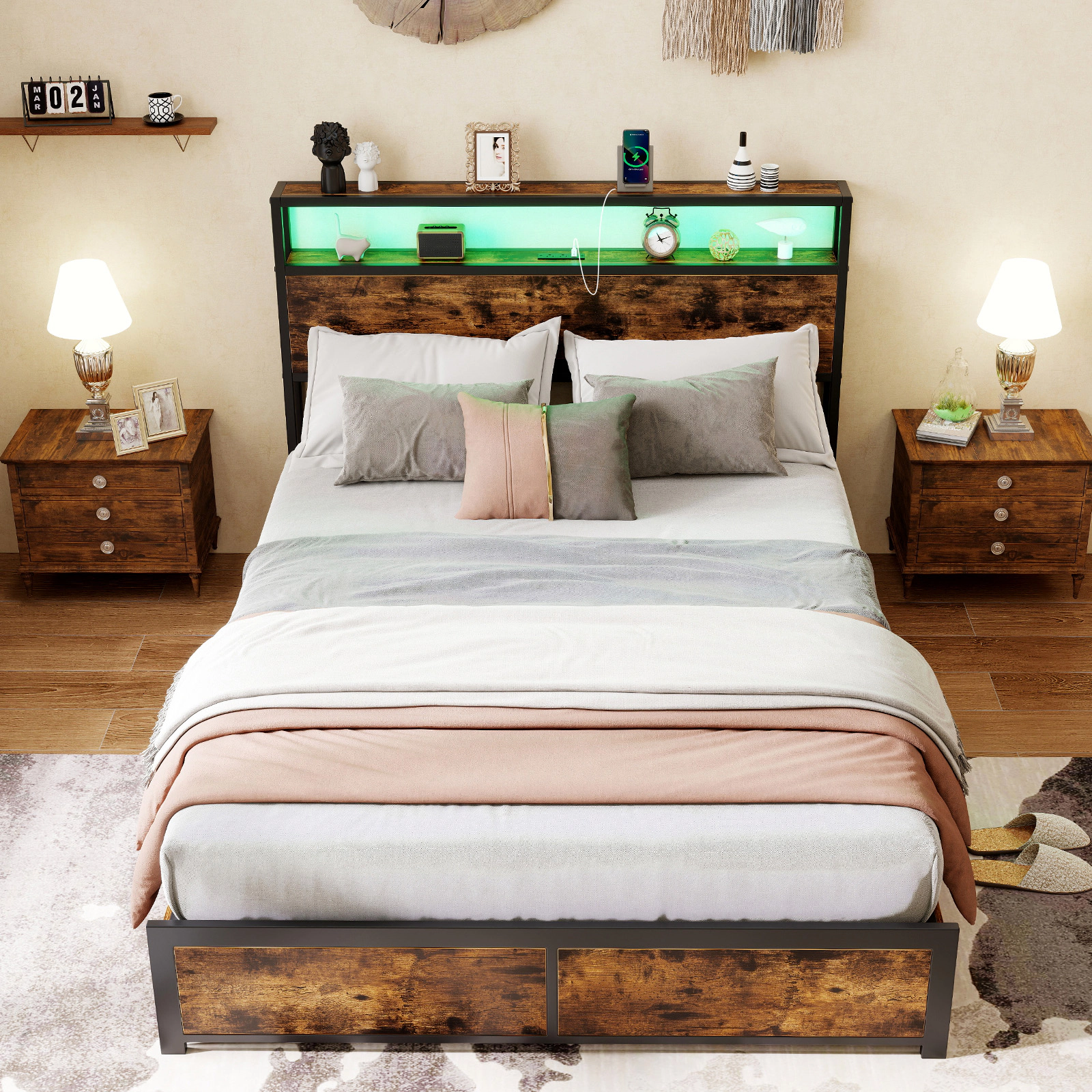SUGIFT Full Size LED Bed Frame with Charging Station and 4 Storage Drawers 880-lb Capacity Rustic Brown + Black