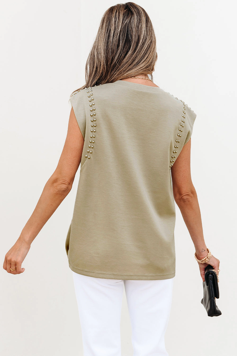 Threaded Pear Women's Julietta Studded Cap Sleeve Round Neck Top