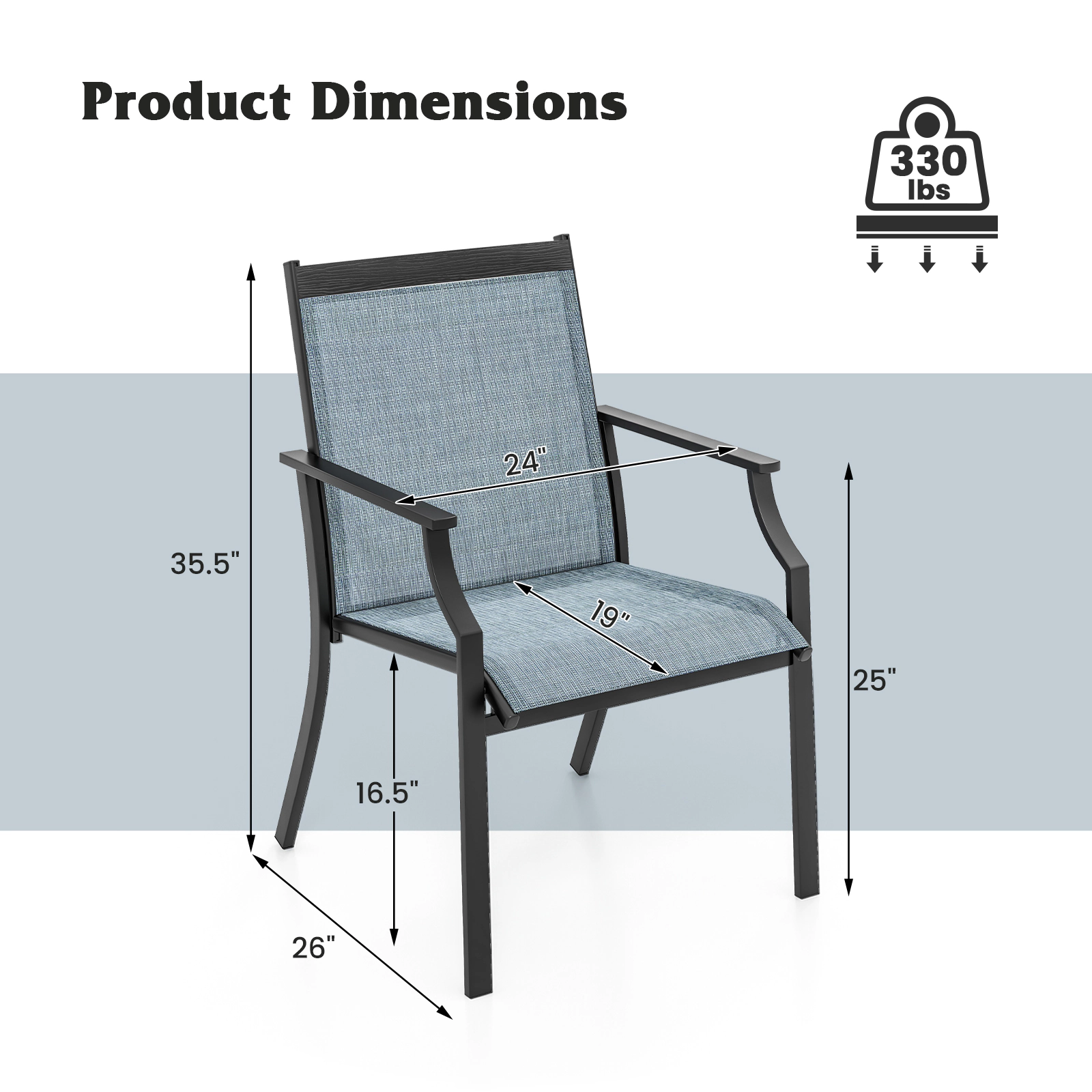 LJG 2 Piece Patio Dining Chairs Large Outdoor Chairs with Breathable Seat and Metal Frame