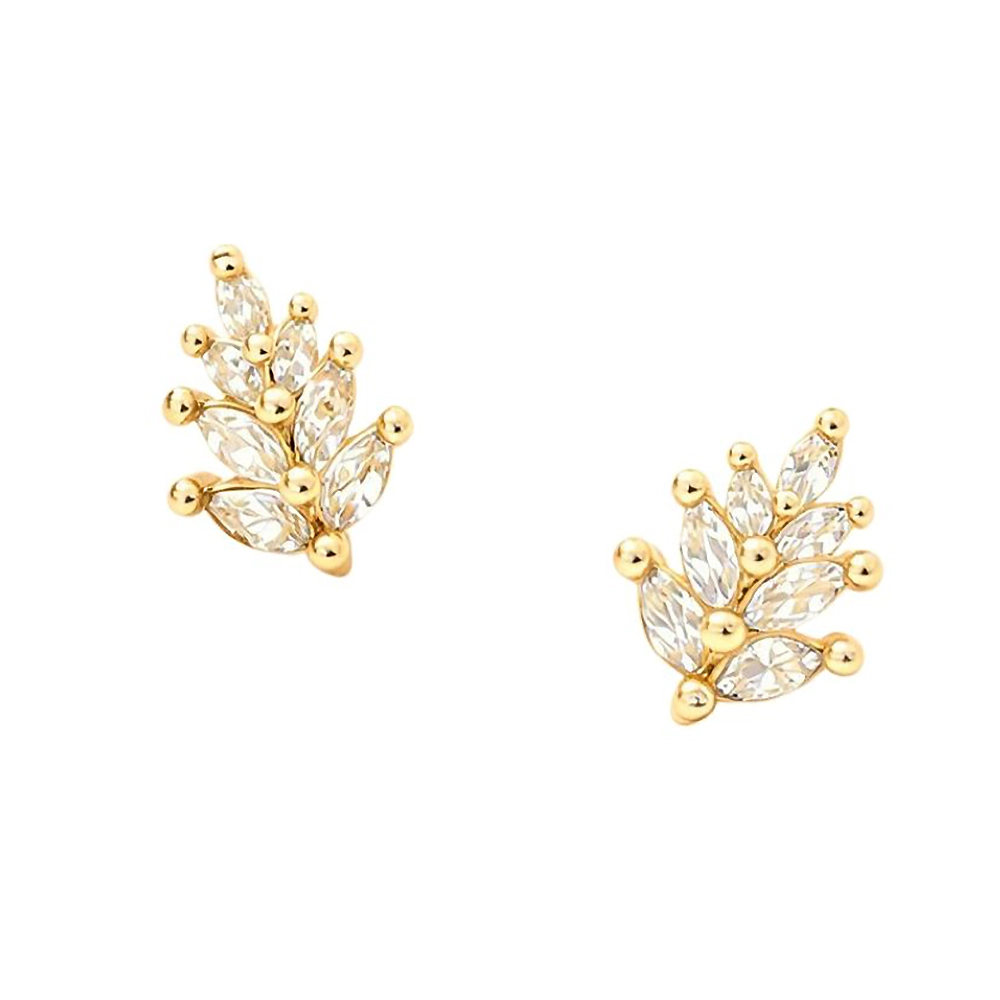 FASHNZFAB 14K Gold Dipped CZ Marquise Leaf Stud Earrings