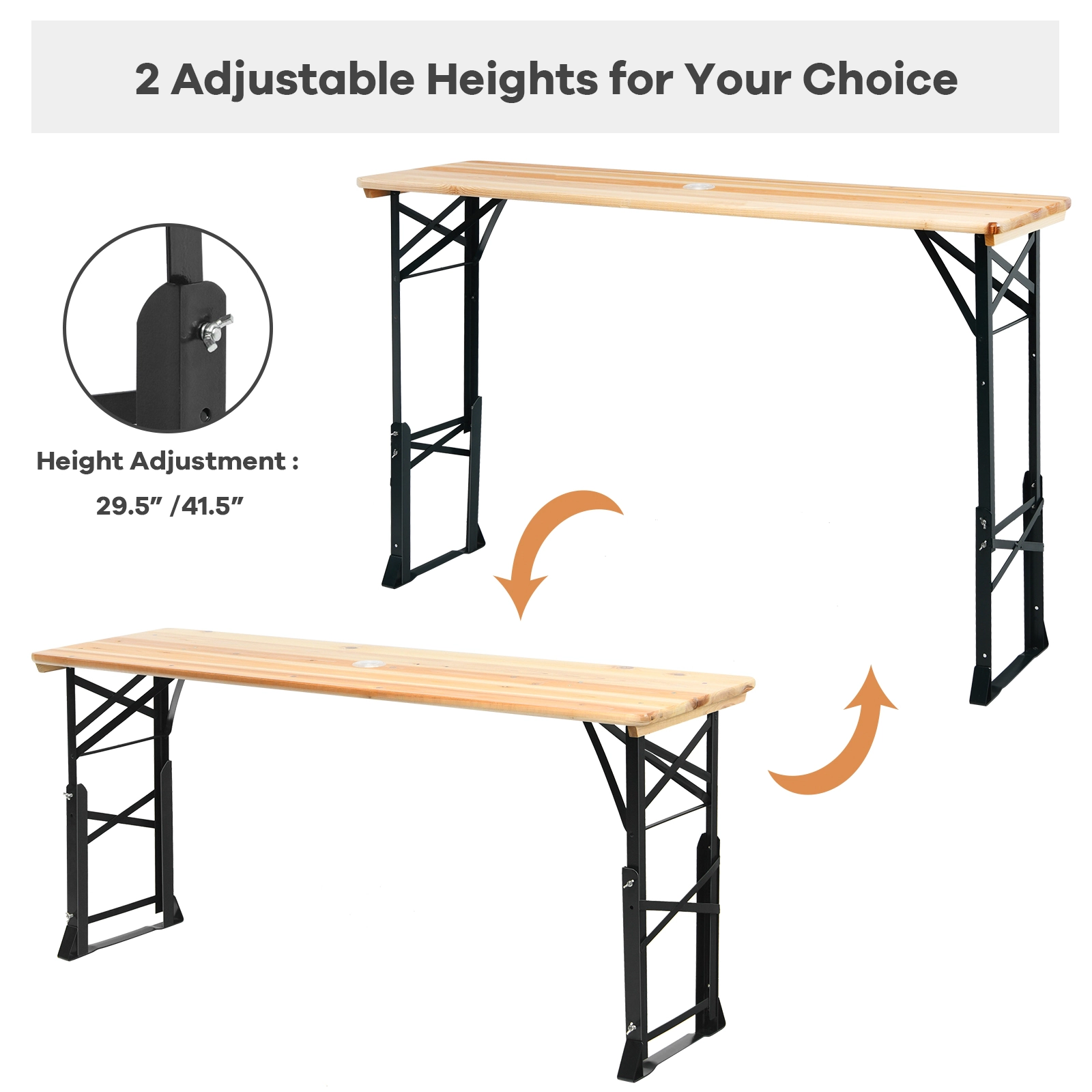 SUGIFT 66.5-in Natural Wood Folding Picnic Table with 2 Adjustable Heights and Umbrella Hole