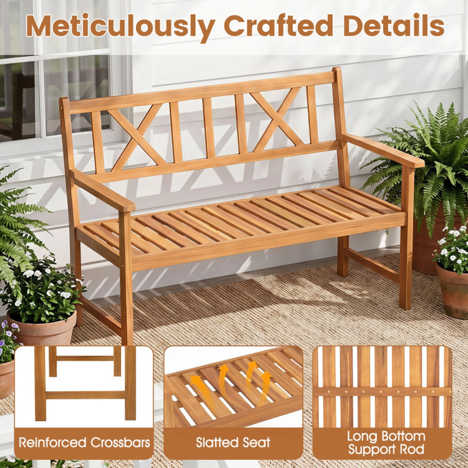 SUGIFT 2-Person Acacia Wood Patio Garden Bench with Armrests and X-Shaped Backrest 800-lb Capacity Natural