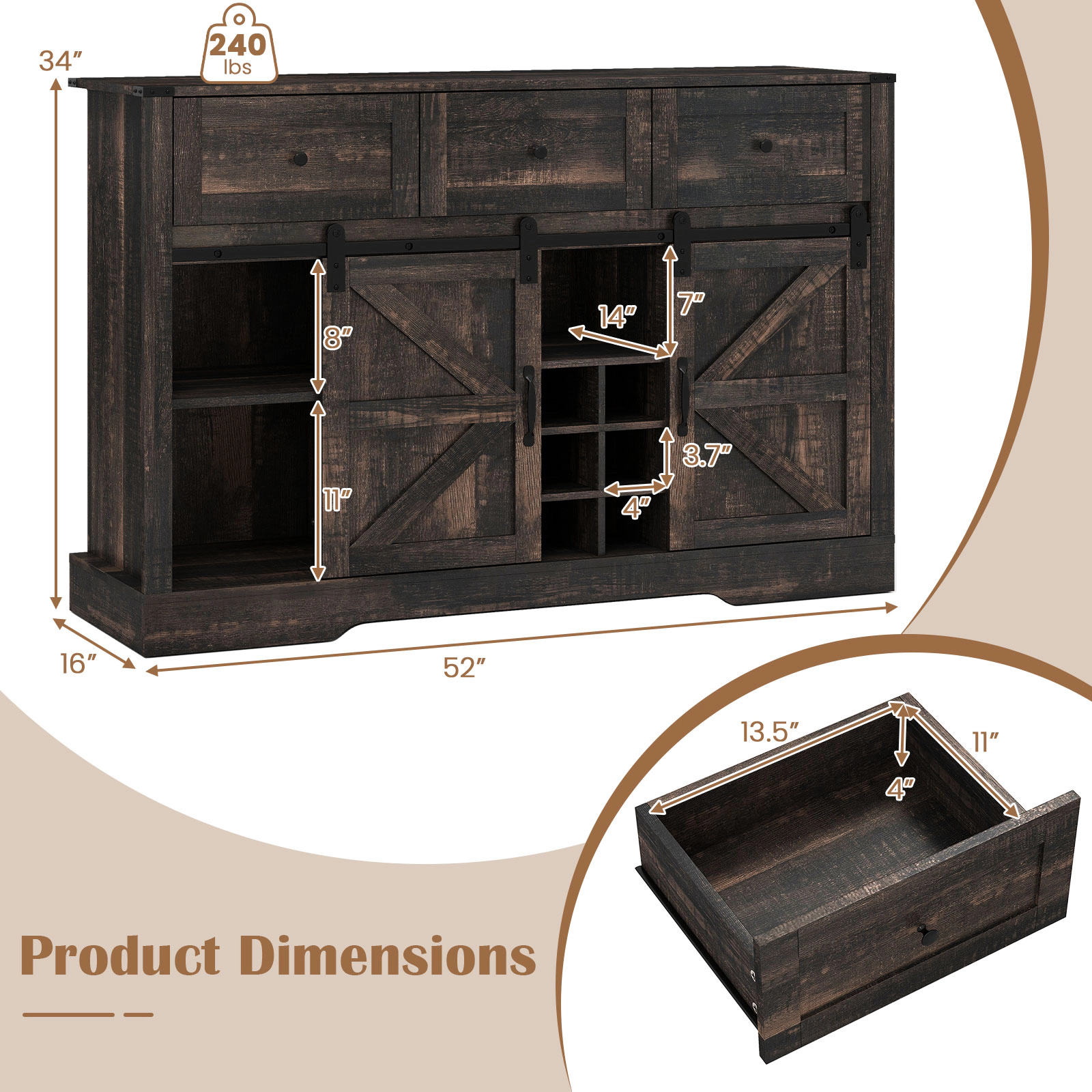 Glintex 52-Inch Wine Bar Cabinet with LED Lights and Sliding Barn Doors