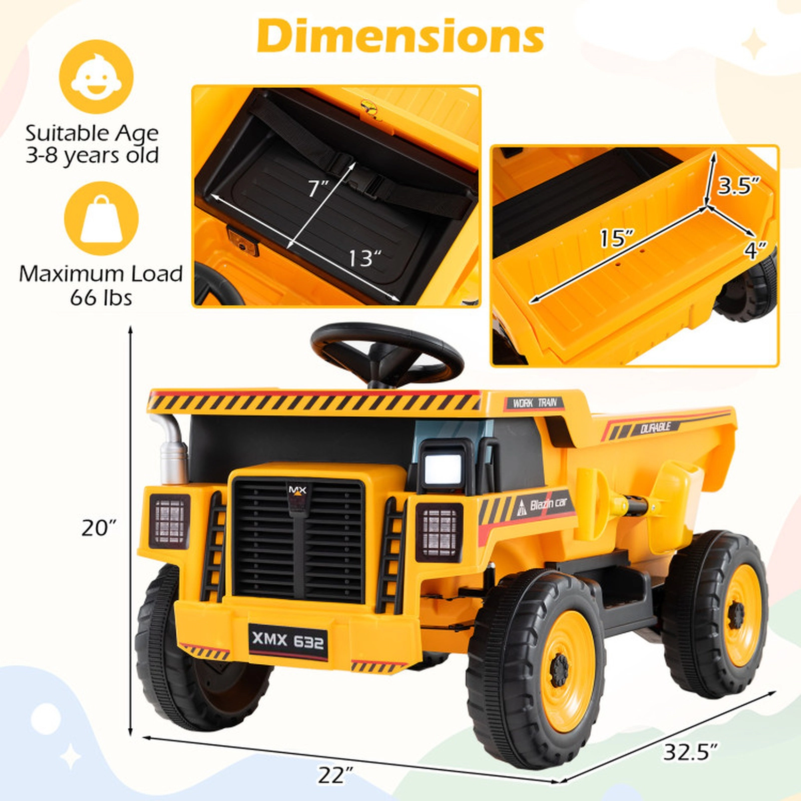 SUGIFT 24V Construction Ride-On Dump Truck Car with Remote Control 66-lb Capacity Ages 3-8 Yellow and Black