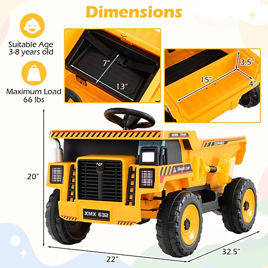 SUGIFT 24V Construction Ride-On Dump Truck Car with Remote Control 66-lb Capacity Ages 3-8 Yellow and Black