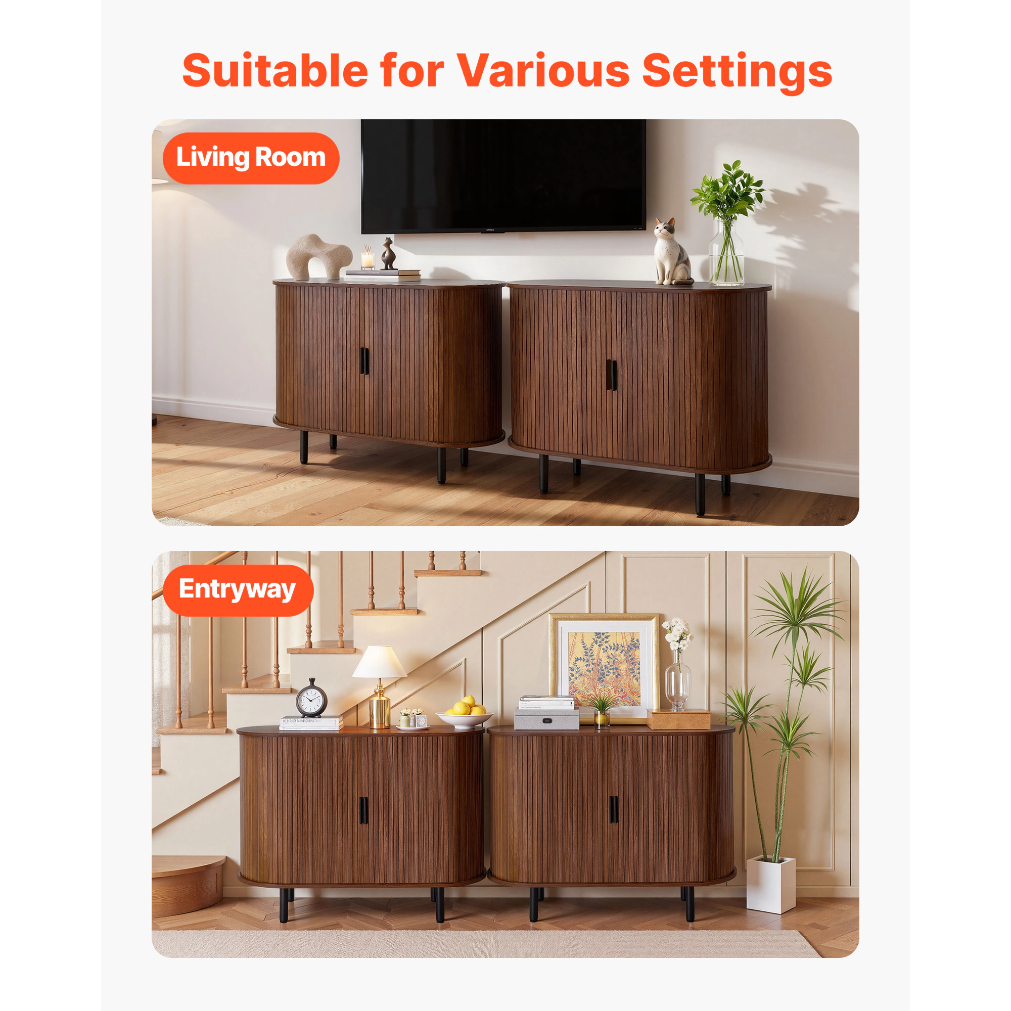HONGGE Coffee Bar Cabinet Mid Century Fluted Coffee Bar Table Buffet Stand Cabinet with 2 Sliding Doors Sideboard