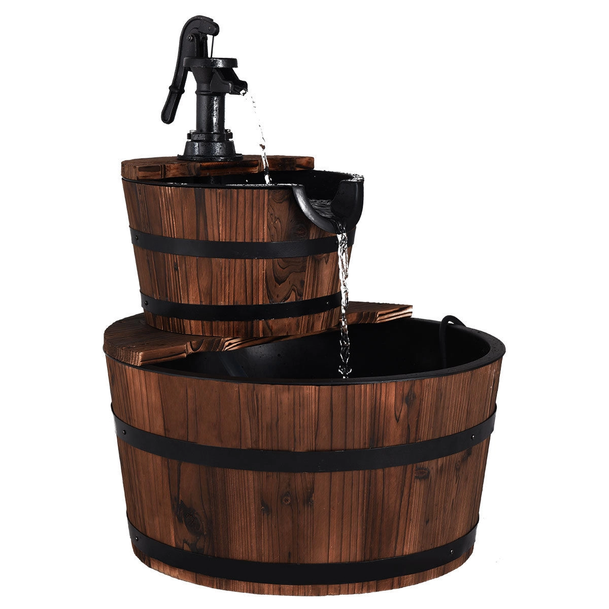 SUGIFT 2-Tiers Outdoor Wooden Barrel Waterfall Fountain with Pump 3-Gallon Capacity Brown