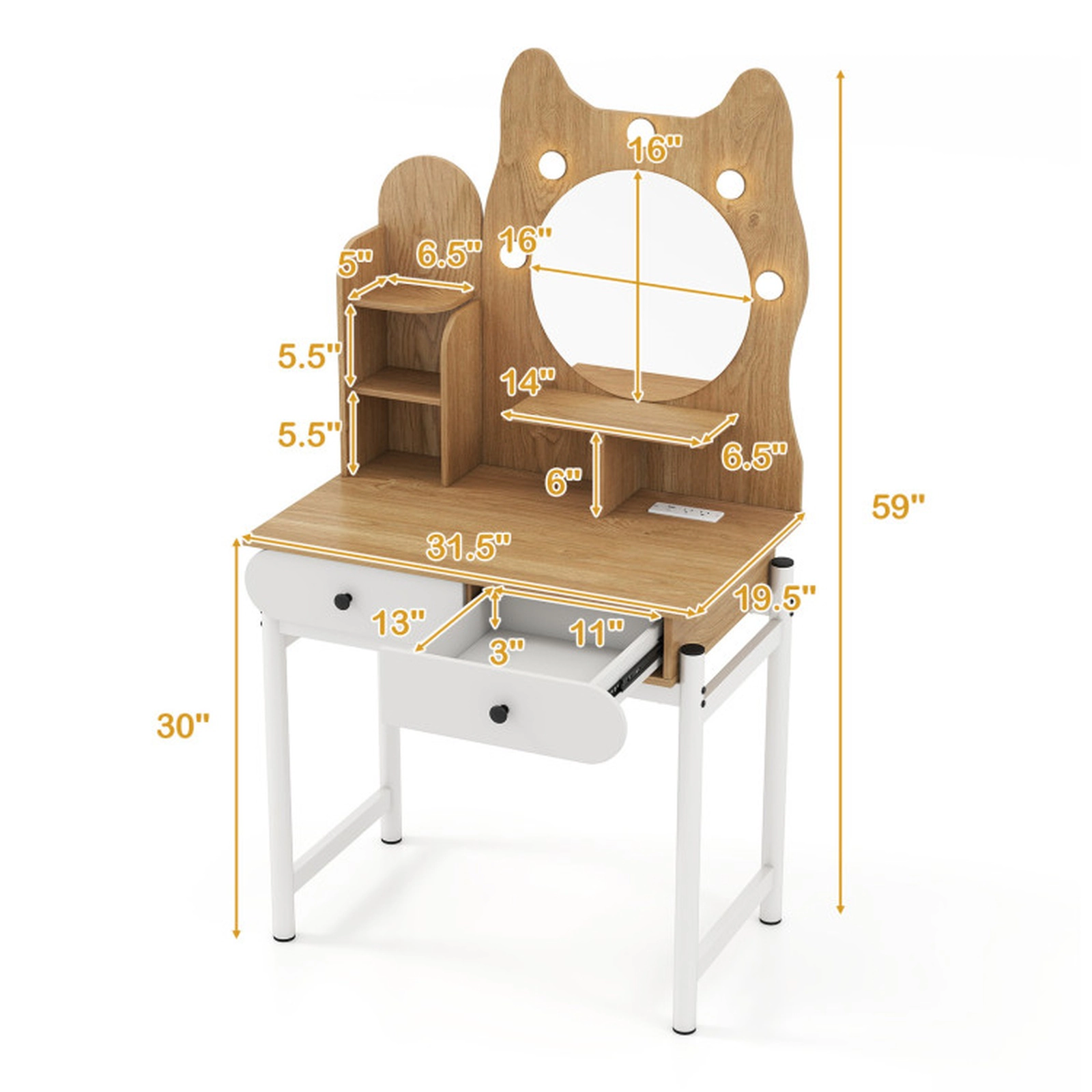 SUGIFT Small Vanity Desk with Round Lighted Mirror Kitty Design Metal Stand and Power Outlets for Teens