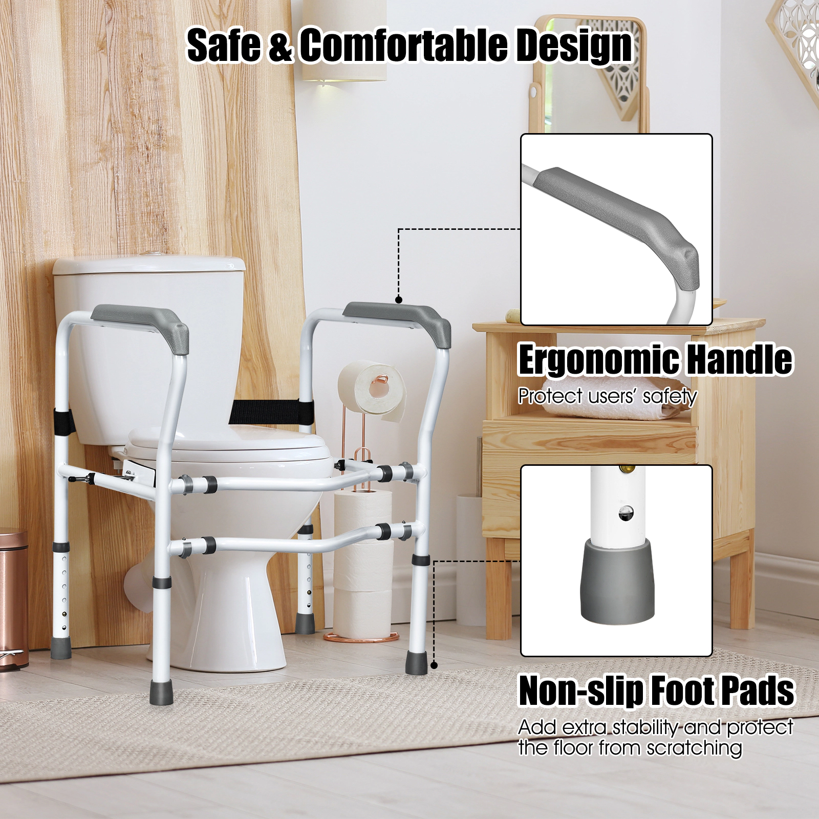 SUGIFT Adjustable Steel Toilet Safety Rail with Fixable Clip 300-lb Capacity White Gray