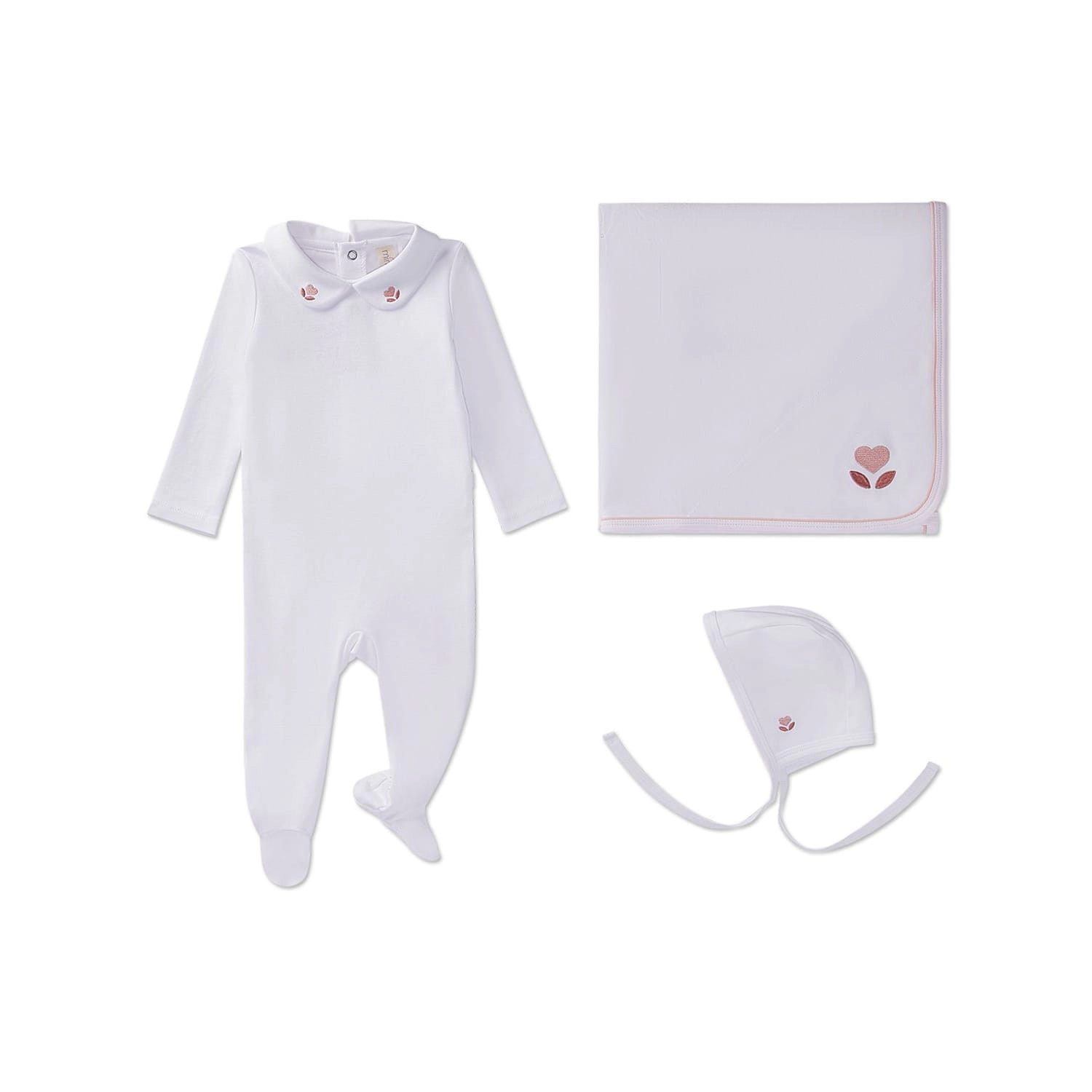 MeMoi 3 Piece Baby Girls 100% Pima Cotton Footie Set with Peter Pan Collar and Embroidered Hearts