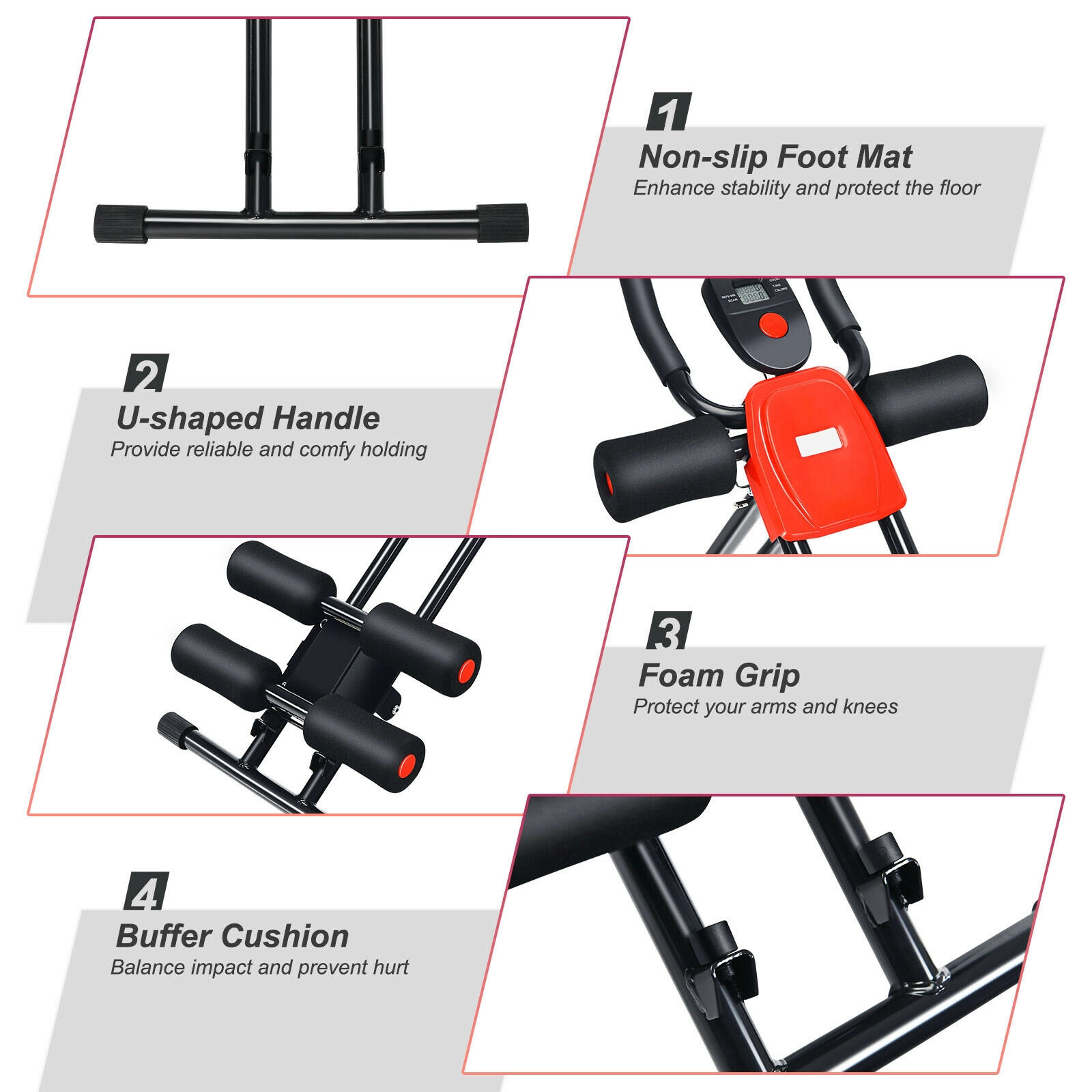 SUGIFT Foldable Core Abdominal Trainer Push-Up Bar 3 Resistance Levels LCD Display 330-lb Capacity Black/Red