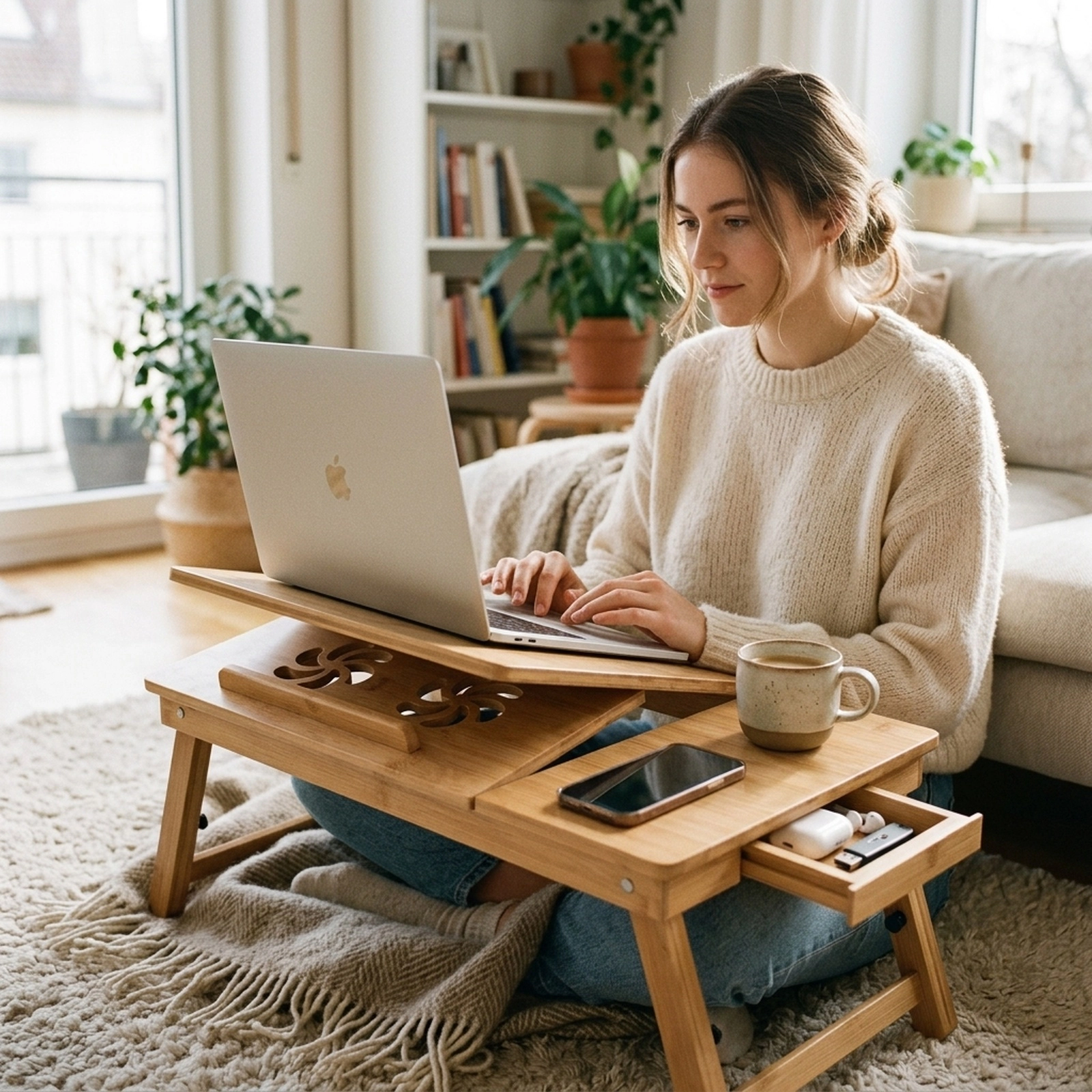 SUGIFT Adjustable Laptop Lap Tray Lap Desk with Tilting Heat-Dissipation Top 55-lb Capacity Black / Natural