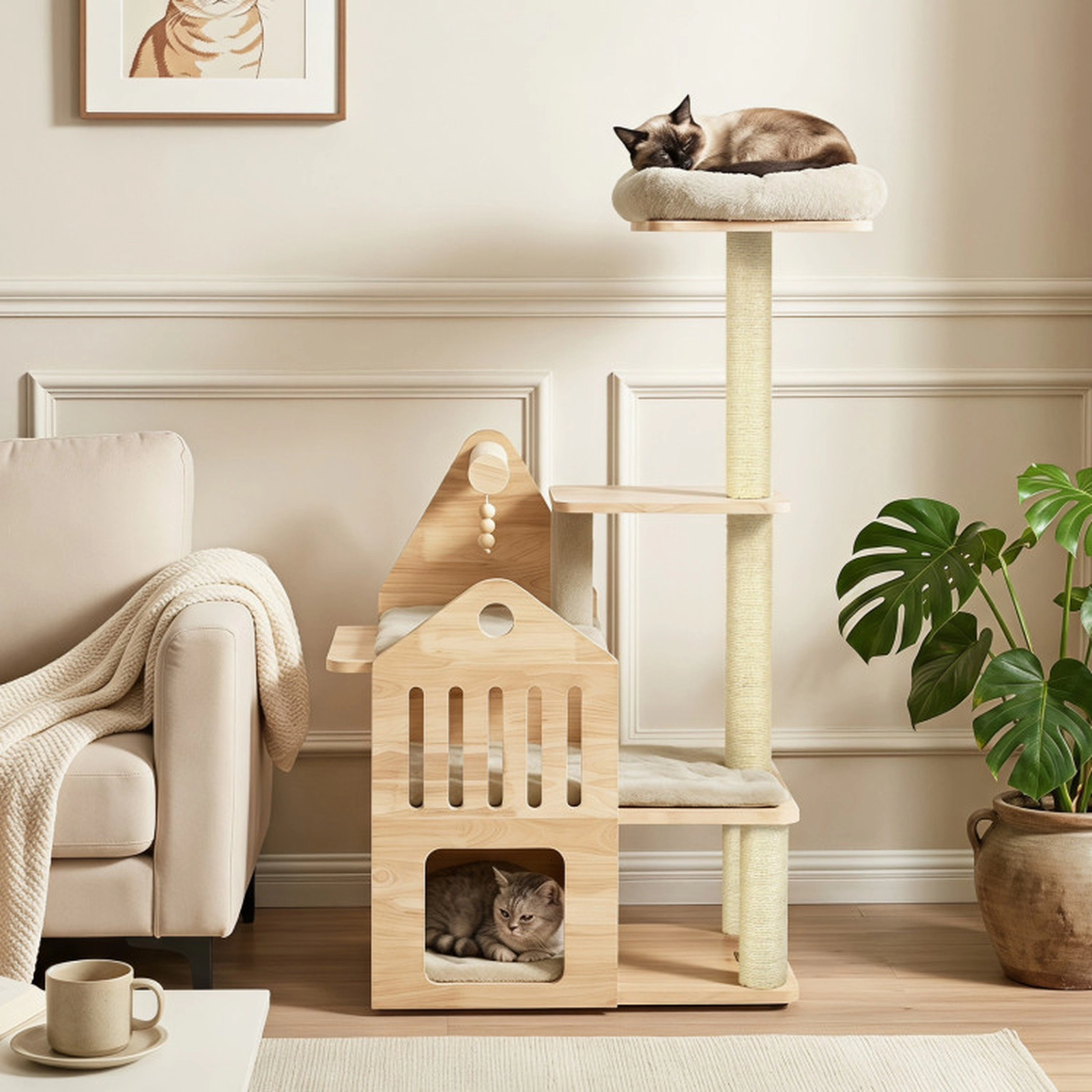 SUGIFT Beige Solid Wood Cat Tree with Padded Top Perch and Condo 23.5-in W 15.5-in D 48.5-in H 33-lb Per Layer