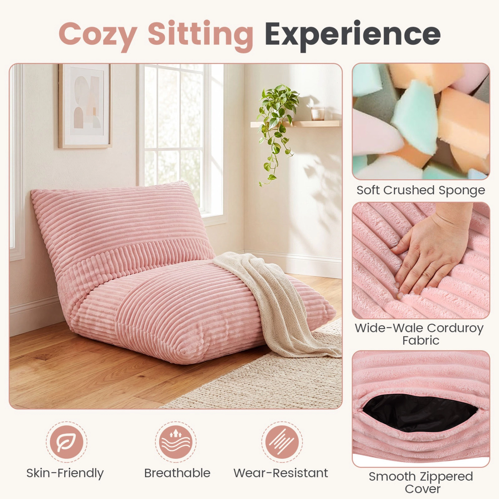 SUGIFT 3-in-1 Large Corduroy Bean Bag Chair Bed and Sofa 73 x 53 in Pink
