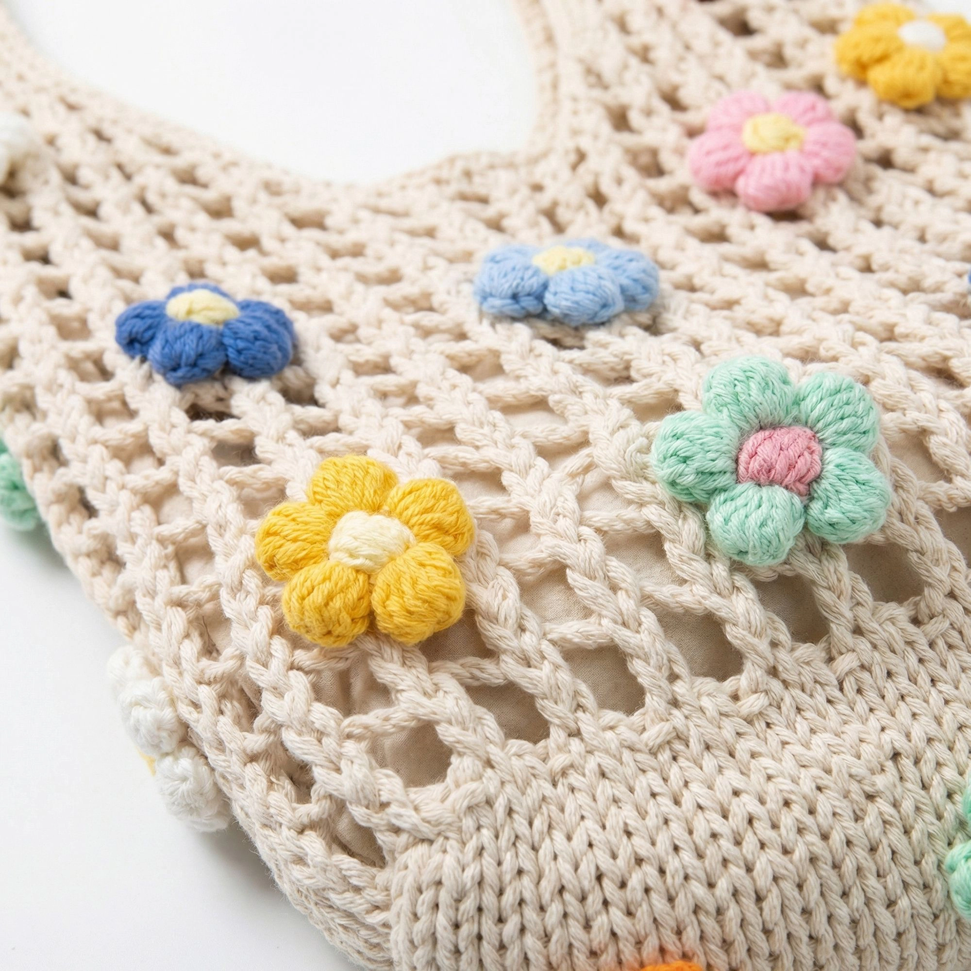 Alilang Women Crochet Shoulder Tote Bag Floral Applique Lightweight Slouchy Handbag, Light Beige