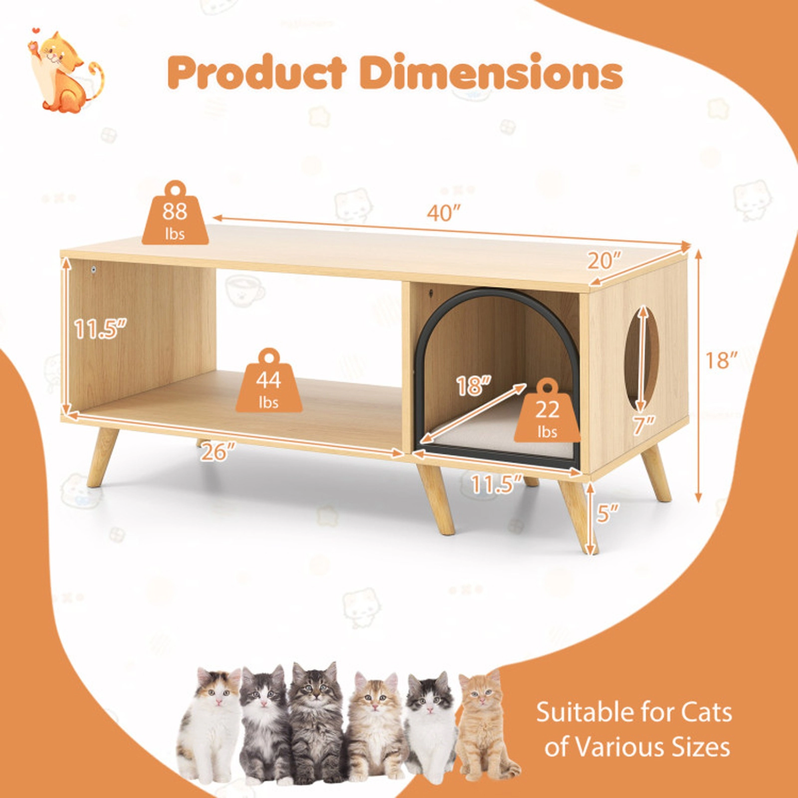 SUGIFT Natural 2-in-1 Coffee Table Cat House with Open Shelf 40-in W 20-in D 18-in H 88-lb Tabletop Capacity