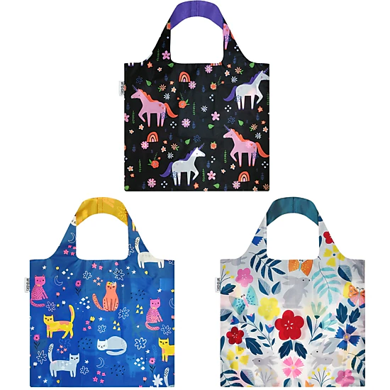 Wrapables Large Reusable Shopping Bag for Groceries with Outer Pouch (Set of 3), Kitties, Unicorns, Bunnies