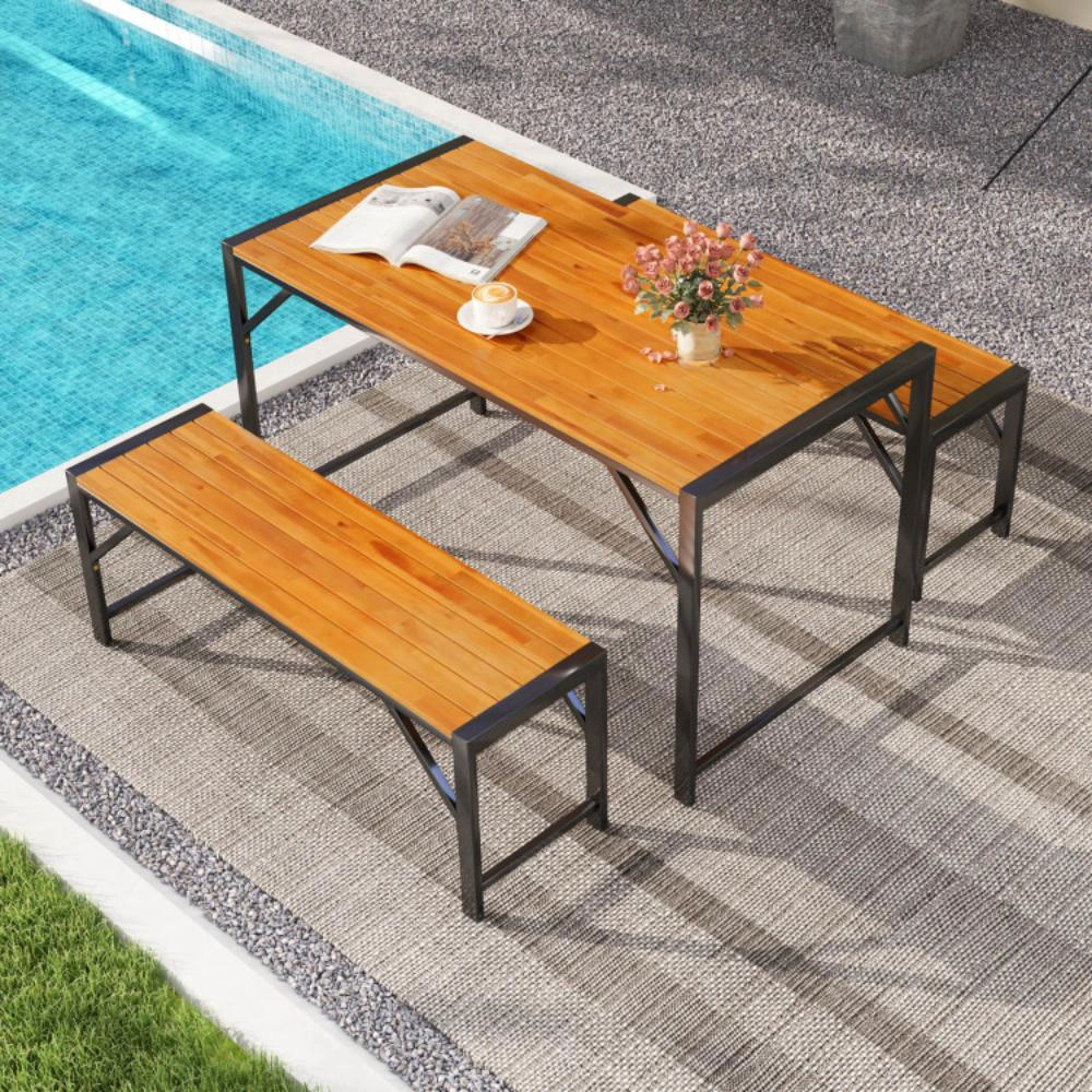 Hivvago 3 Pieces Patio Dining Set With Acacia Wood Dining Table And 2 Benches