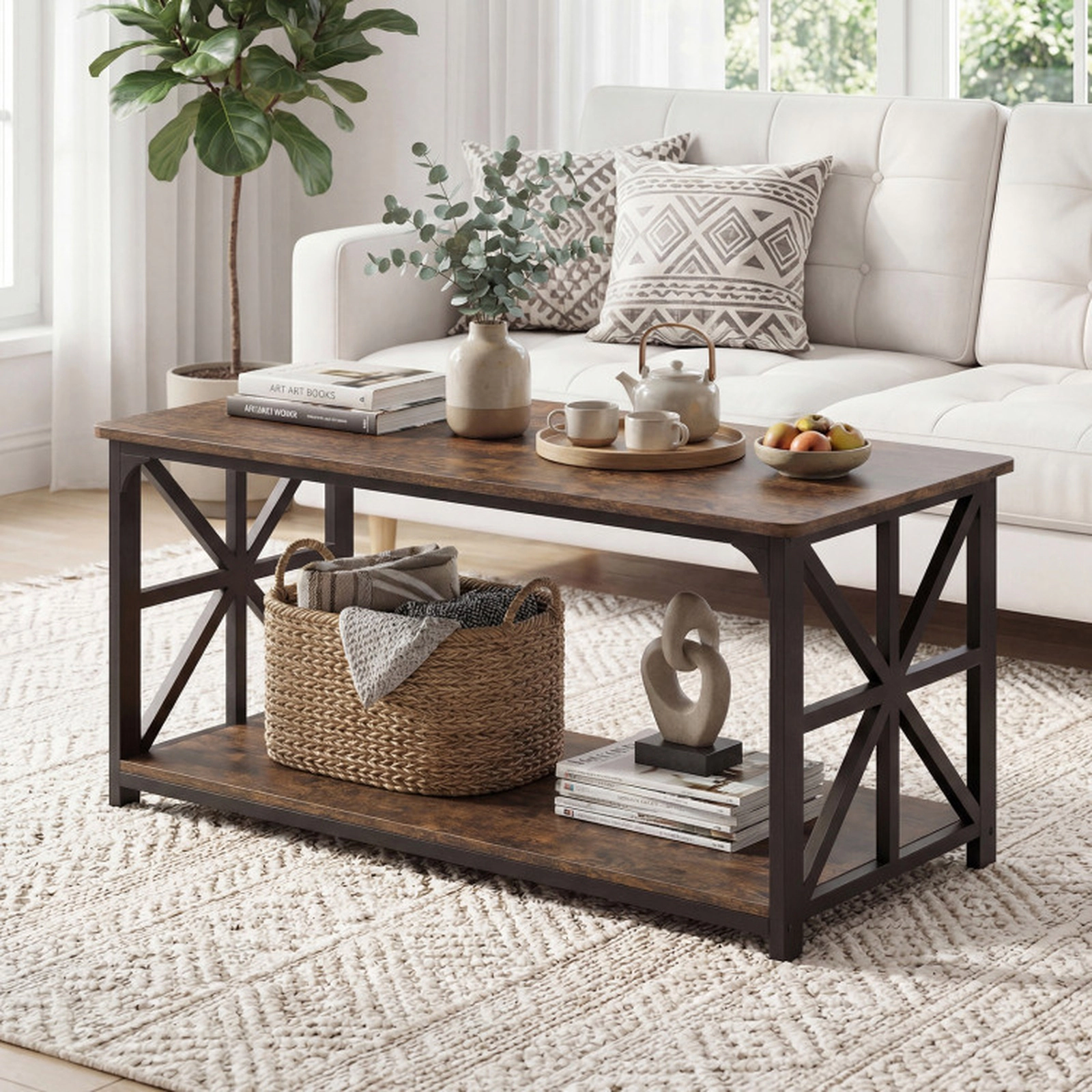 SUGIFT 2-Tier Coffee Table Center Table with Storage Shelf 290-lb Capacity 43-in Brown Engineered Wood and Carbon Steel