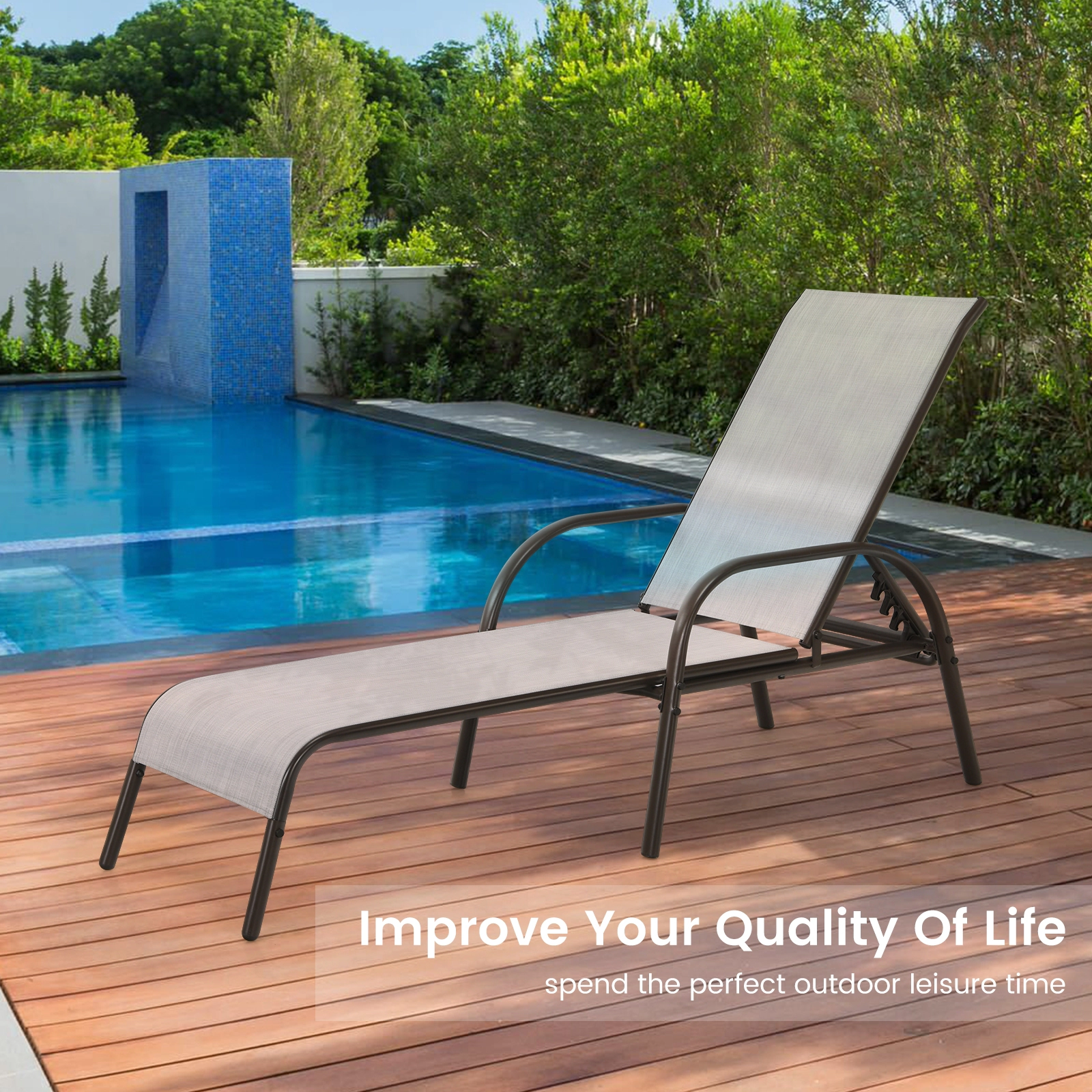 SUGIFT Folding Patio Chaise Lounge Chair, Adjustable 5-Position Backrest, Gray