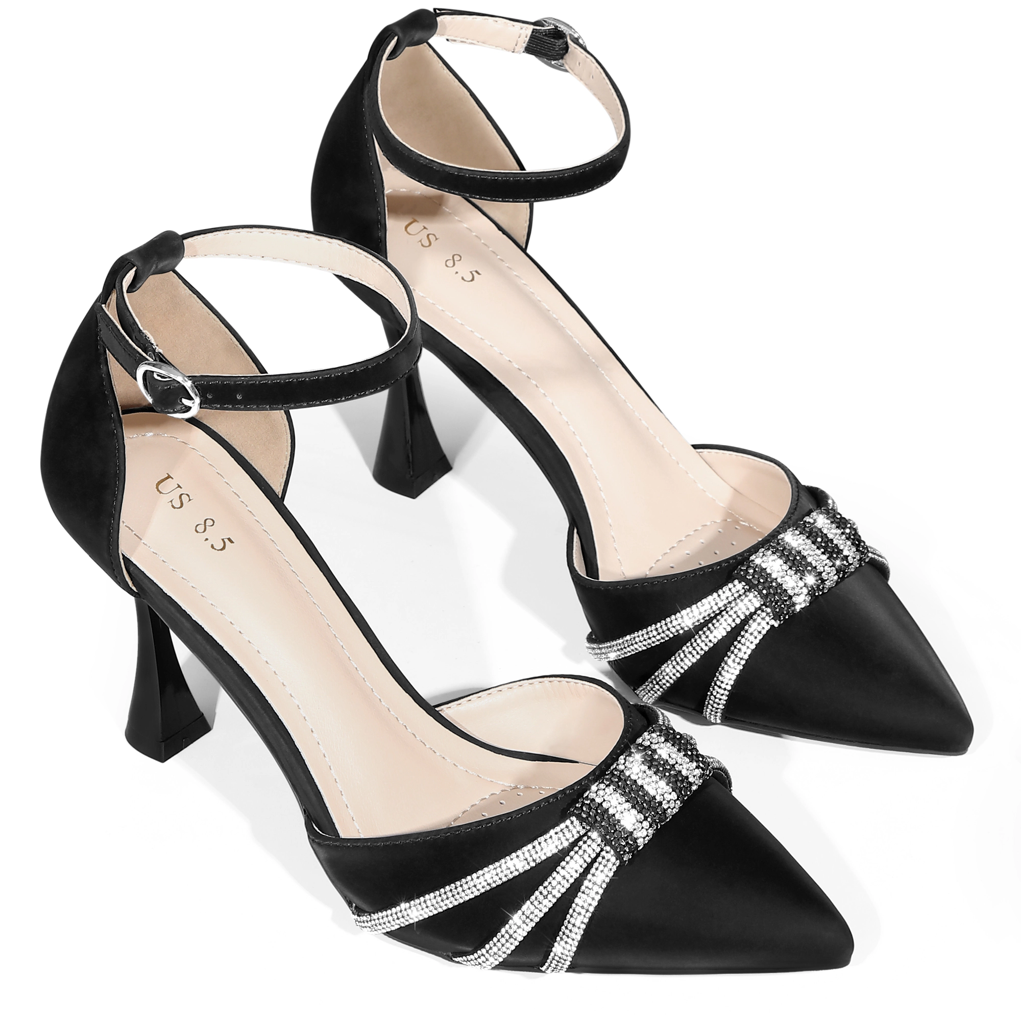 BLISSFUL STEP Women Rhinestone Pointed Toe Stiletto High Heel Pumps