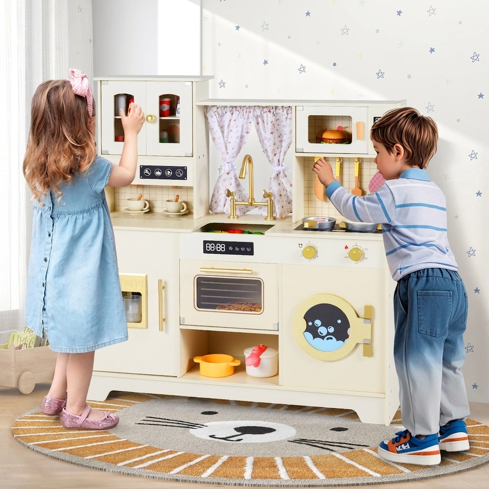 SUGIFT Beige 14 Accessories Ice Maker and Coffee Machine Kids Wooden Toy Kitchen Playset
